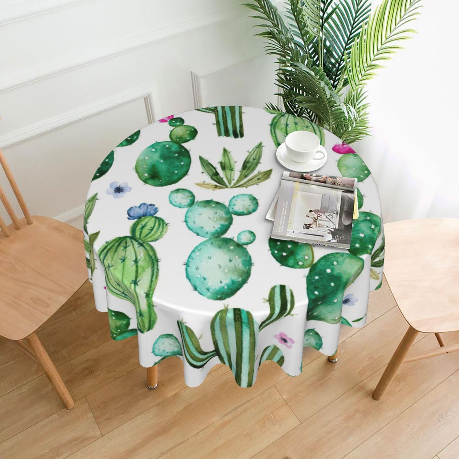 Uusnwaa Tropical Cactus Tree Flower Print Round Tablecloth 60 Inch, Stain Wrinkle Resistant Washable Polyester Table Cover For Kitchen Party