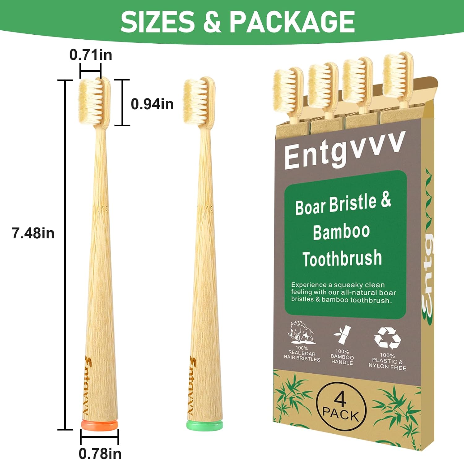 Boar Bristle Toothbrush, 4 Pack Non Plastic Bamboo Toothbrushes, Plastic Free Natural Organic Toothbrush, Individually Packaged Portable Manual Wooden Toothbrush for Adult, Women, Men