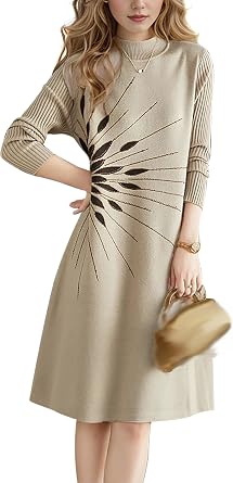 Womens Fall Winter Long Sleeve Floral Sweater Ribbed Knit Pullover Midi Dress