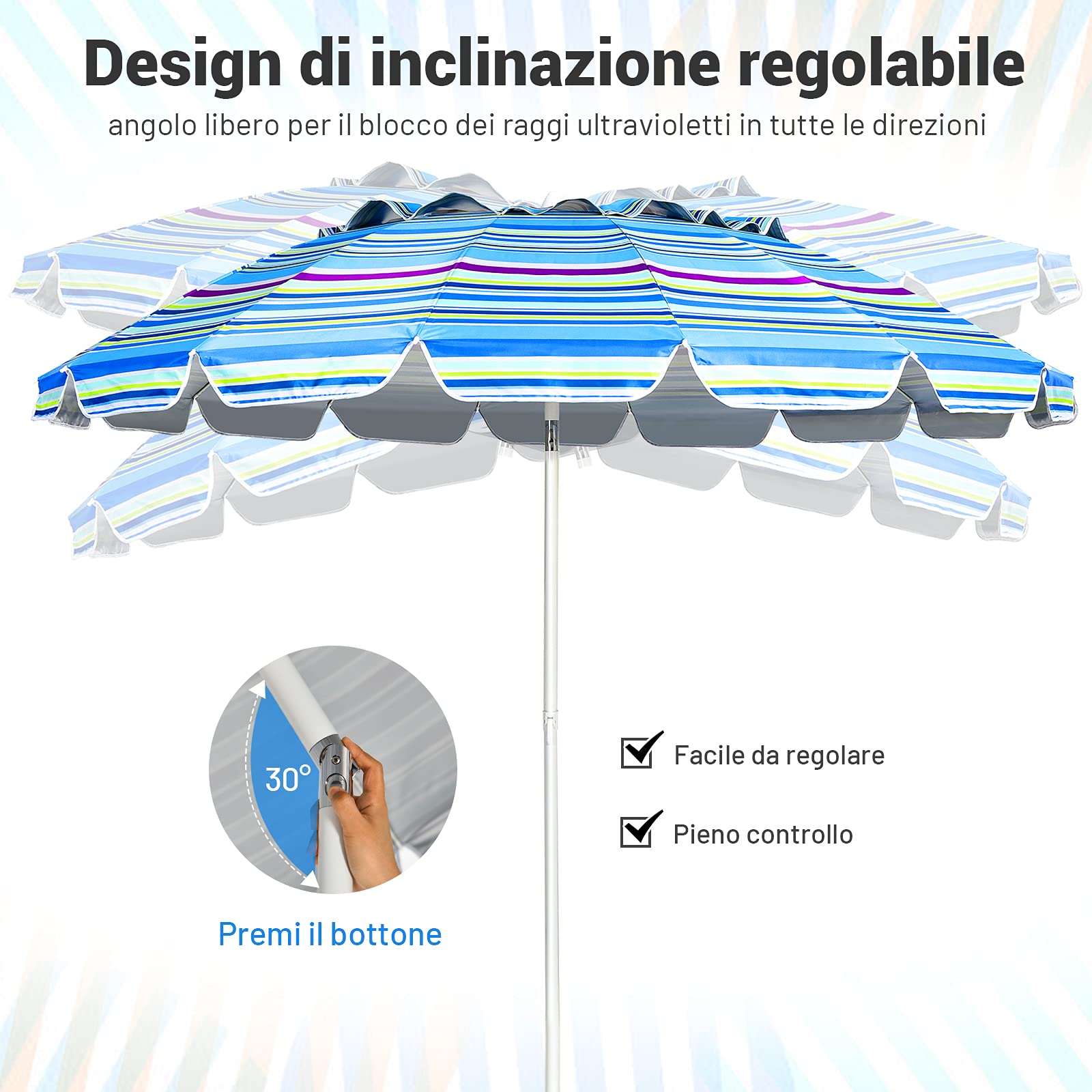 COSTWAY Ombrellone da Spiaggia 243 cm, Portabile, Inclinazione Regolabile, Filtro UV, con Borsa (Blu)