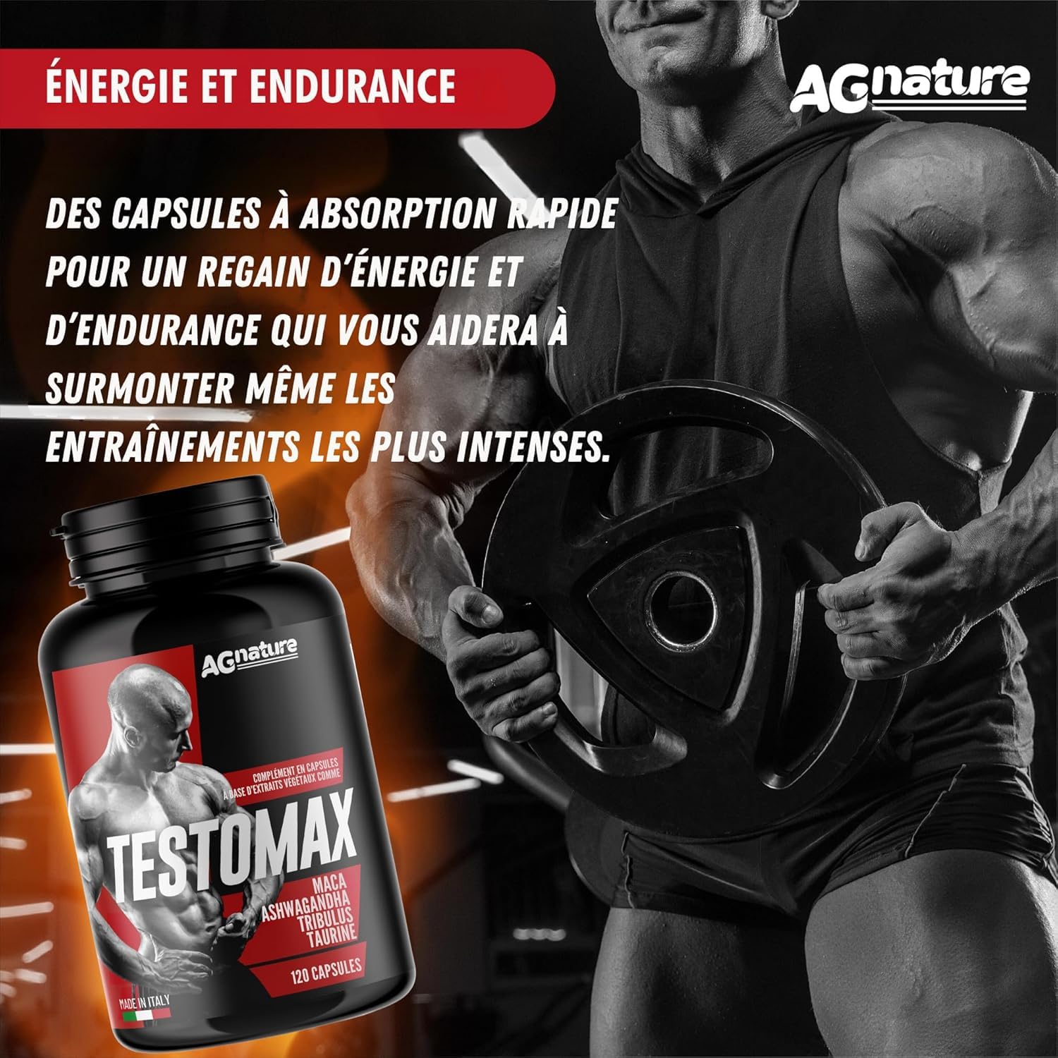 AG nature Testosterone Homme Fort pour Musculation 120 Pilule | Complément Alimentaire Puissant avec Tribulus Terrestris Maca Ginseng Gingembre Zinc