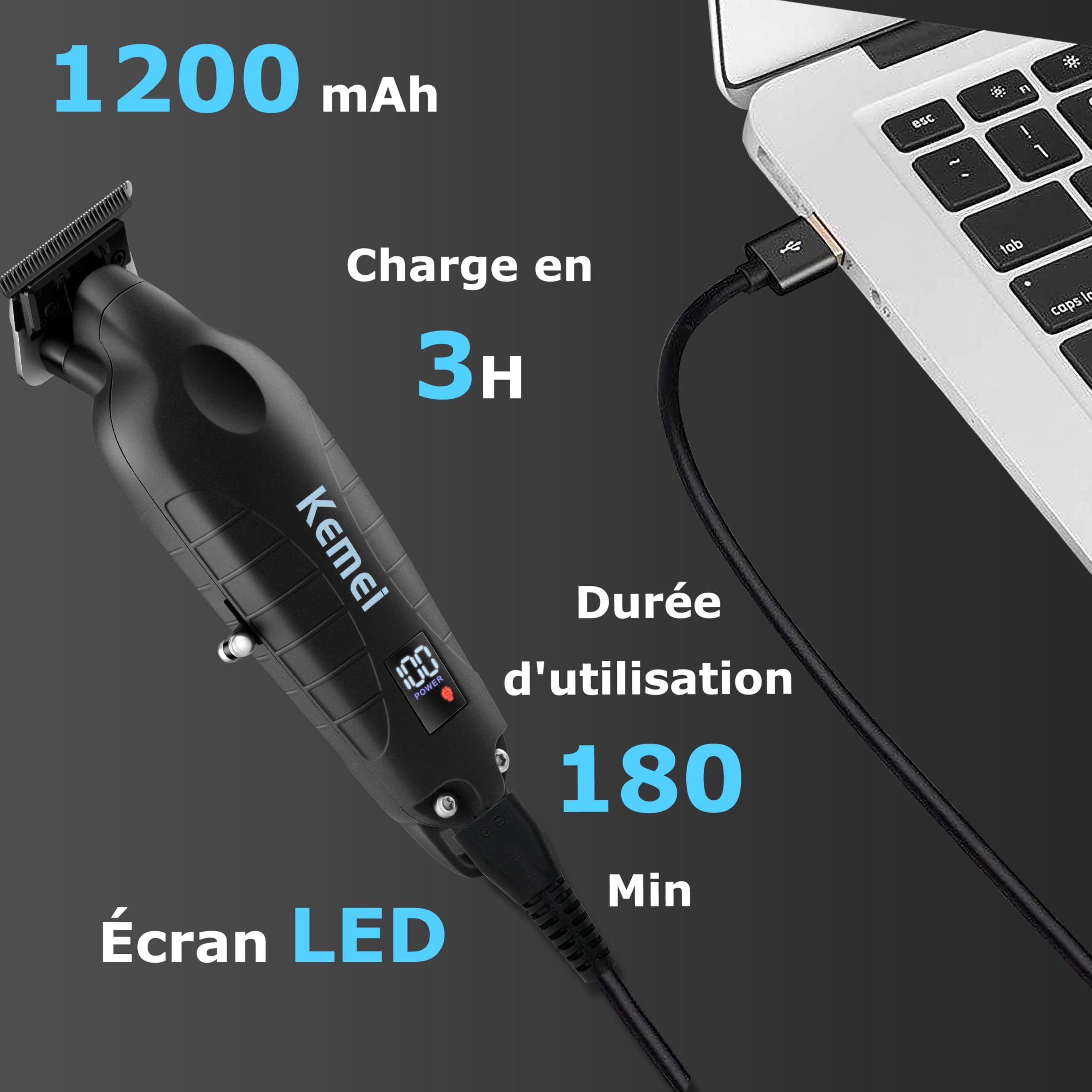 KEMEI Tondeuse professionnelle 2293 pour homme avec lame en T, rechargeable sans fil