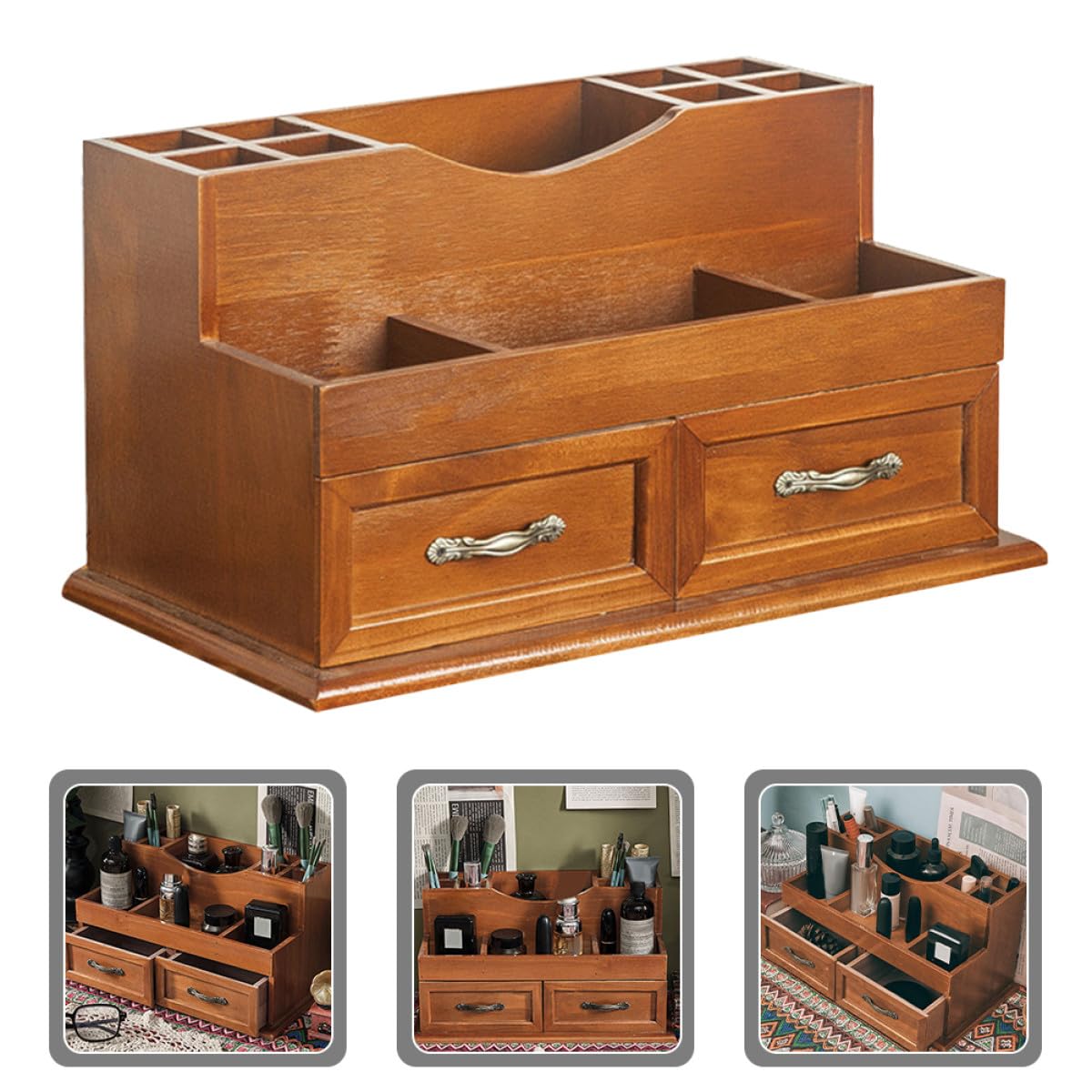 Tofficu Vintage Schmuckaufbewahrung Vintage mit 2-gitter Schubladendesign Großer Stauraum und Flexibler Schreibtisch Organizer für Make Up und Schmuck