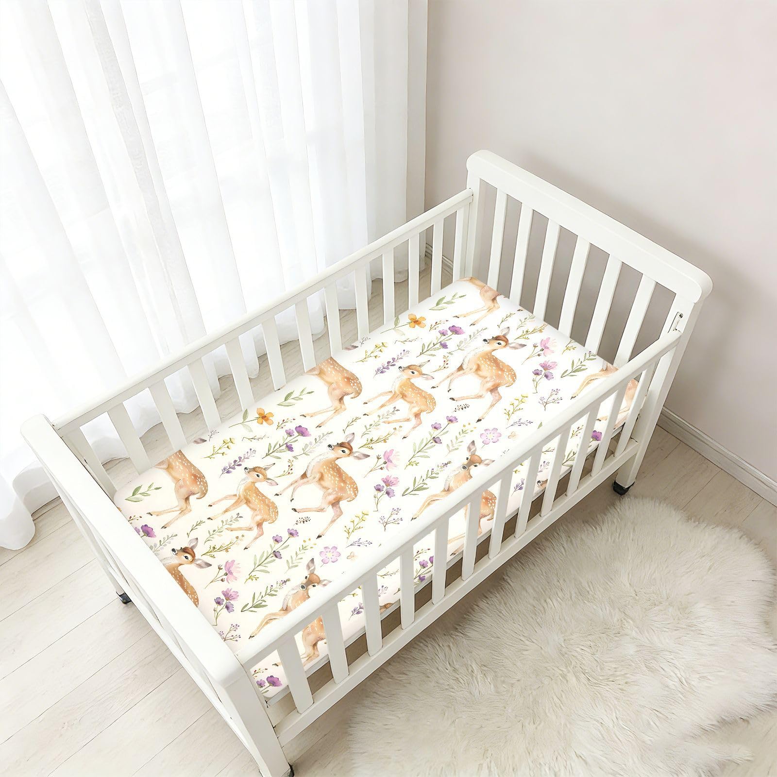 Drap-housse pour berceau de bébé motif cerf, champ de fleurs, pour garçons et filles, 71,1 x 132,1 cm