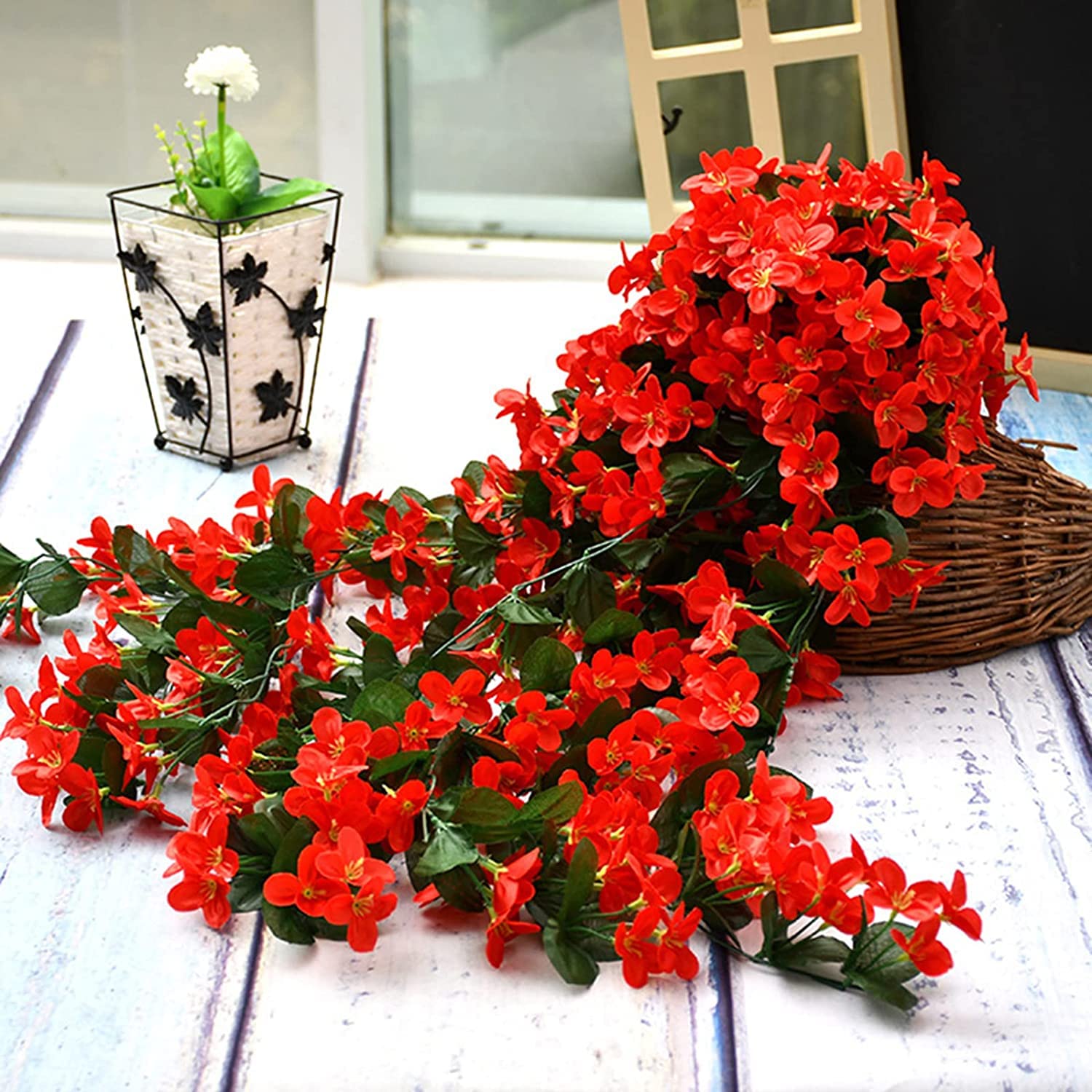 Vivido Mazzo Di Orchidee Artificiali Rosse Da Appendere - Piante Finte In Seta Per Decorazione Parete Esterna, Giardino, Matrimonio