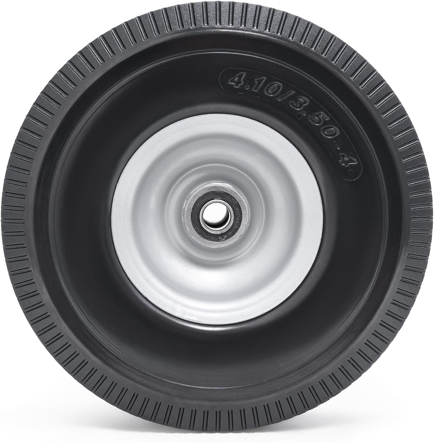 10” Flat Free Tires, 4.10/3.50-4” Solid Tires and Wheels with 5/8” Axle Bore Hole and Double Sealed Bearings Compatible with Hand Truck Wheelbarrow Tire Lawn Mower Tire (Silver, 2PCS) P-091
