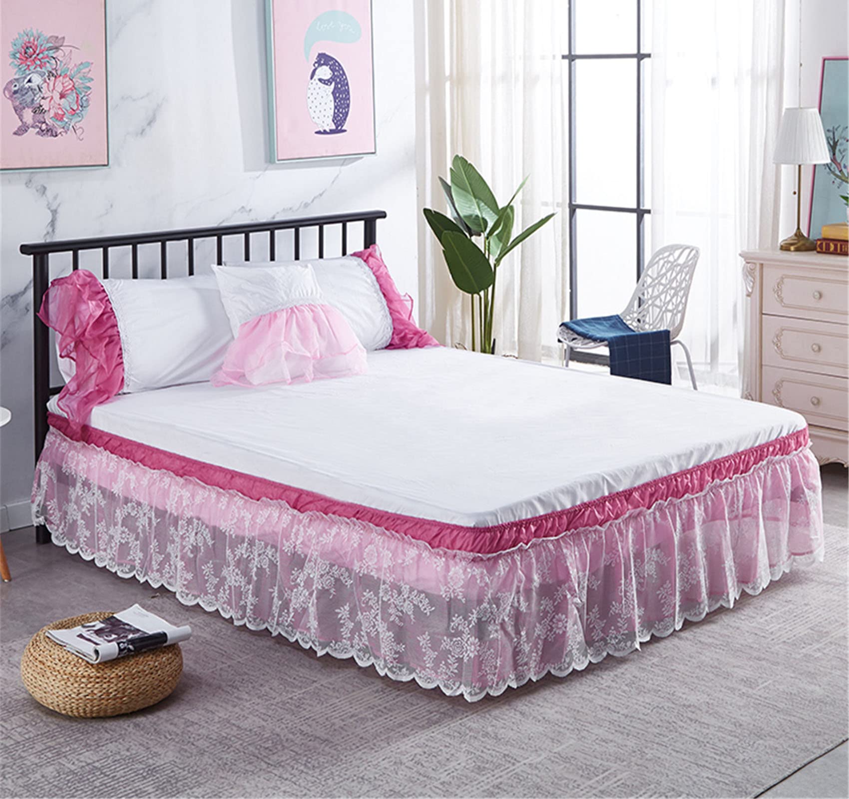 Surwin Pleated Bed Valance Sheet Single Double King Size Lace Embroidery Bed Base Wrap Extra Deep Frilled Fitted Valance Sheet Easy Care Bed Skirt Soft Breathable (Red Pink,120x200x40cm)