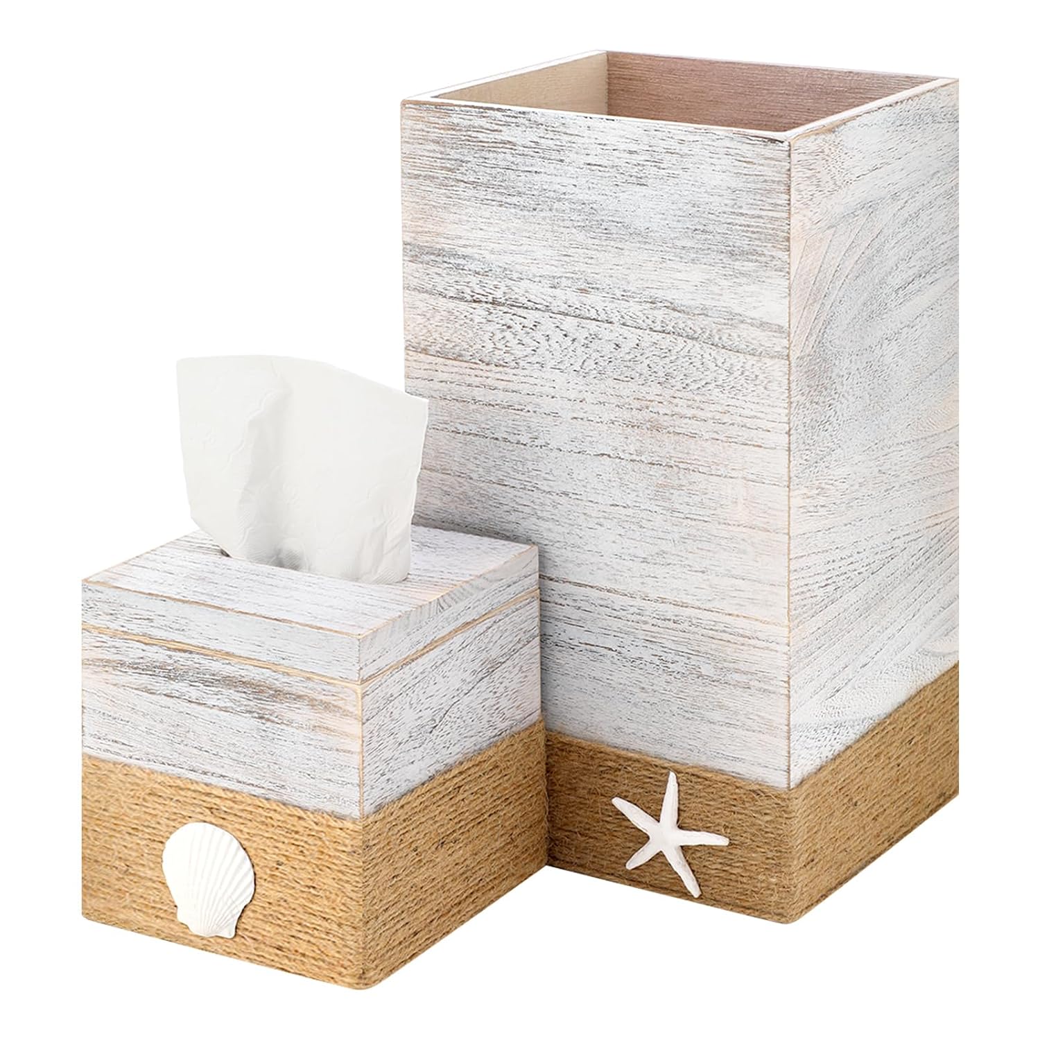 Novabright 2 Pcs Coastal Tissue Box Cover and Trash Can Set, Rustic Wood Beach Starfish Seashell Trash Can 10L & Square Tissue Holder, Farmhouse Nautical Decor for Kitchen Bathroom Bedroom Home Office