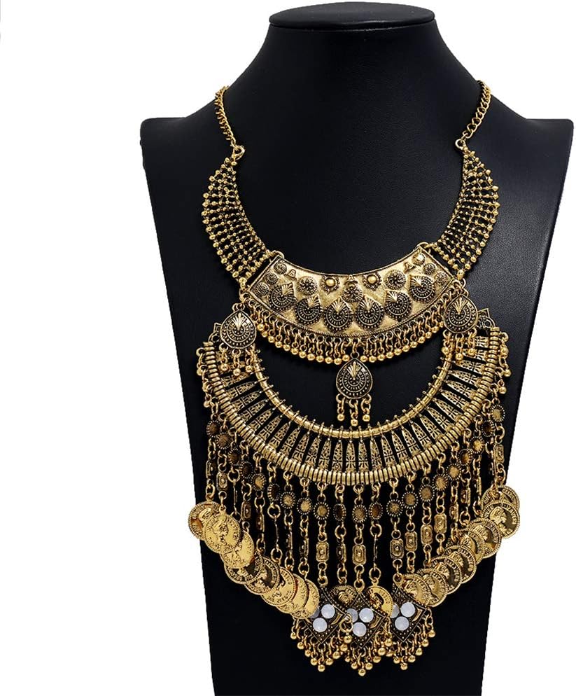 Bohemian Chunky Collar Beads Coin Pendant Choker Necklace Jewelry for Women (Gold) - Image 3