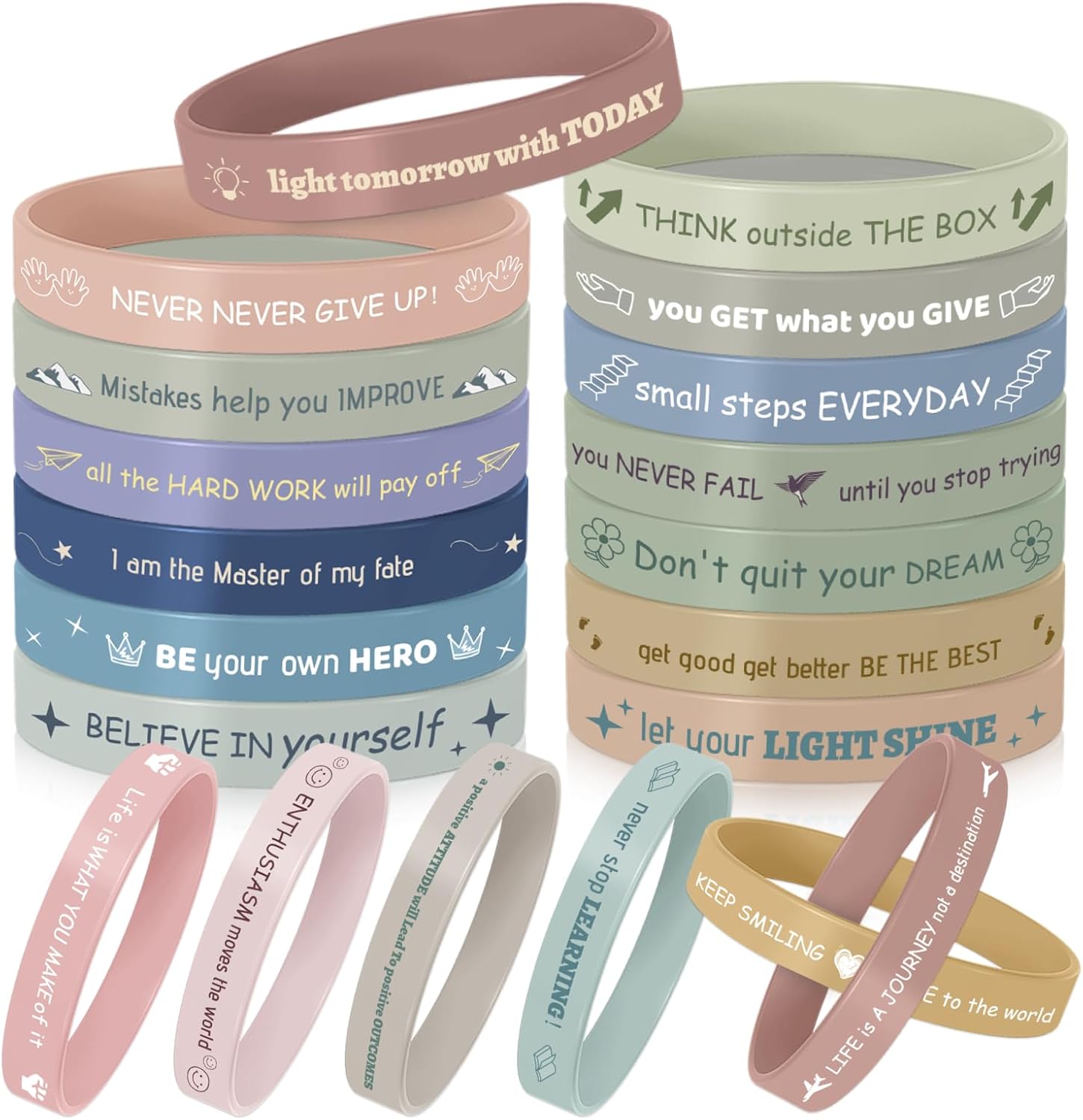 20/40/60/100 Inspirational Rubber Bracelets, Motivational Wristbands, Stretch Affirmation Bands for School, Christmas Gifts -20 Styles