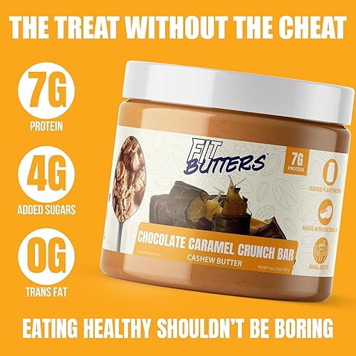 Miniatura 4 de Fit Butters Barra de chocolate y caramelo crujiente de mantequilla de anacardo para untar, proteína añadida y aceite de coco, baja en carbohidratos,