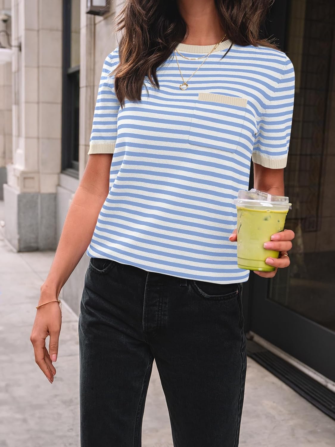 LILLUSORY Womens Striped Short Sleeve Sweater Pullover Shirts with Chest Pocket - Image 5