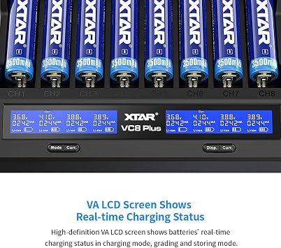 8 bays 21700 18650 Battery Charger XTAR New VC8 Plus 21700 Smart Charger with LCD Display,1A*8 Fast Charger for 3.6V 3.7V Li-ion 10440 18700 26650 1.2V Ni-MH AA AAA C Full Set with DC 12V 3A Adapter