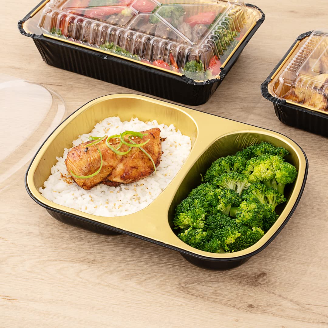 Restaurantware Foil Lux - Recipientes de aluminio para alimentos de 28 onzas, 100 bandejas rectangulares de aluminio, las tapas se venden por separado, 2 compartimentos, recipientes de aluminio negro
