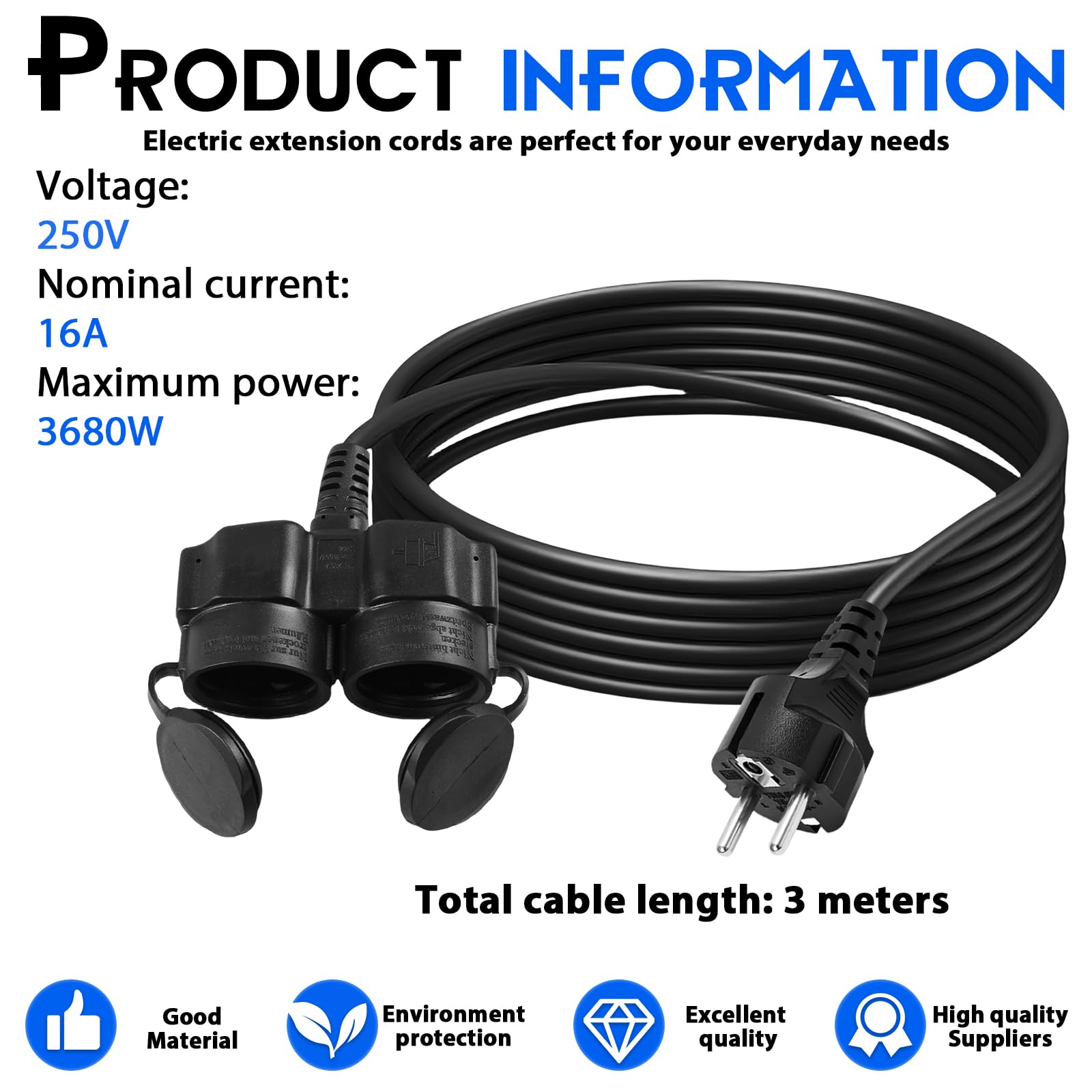 XUANSHI Cavo di prolunga per esterni, 3 m, con 2 prese Schuko, doppio cavo di alimentazione per esterni, IP44, H07RN-F 3G, 1,5 mm², cavo di gomma, 2 scomparti, esterno con tappo di XUANSHI Cavo di prolunga per esterni, 3 m, con 2 prese Schuko, doppio cavo di alimentazione per esterni, IP44, H07RN-F 3G, 1,5 mm², cavo di gomma, 2 scomparti, esterno con tappo di