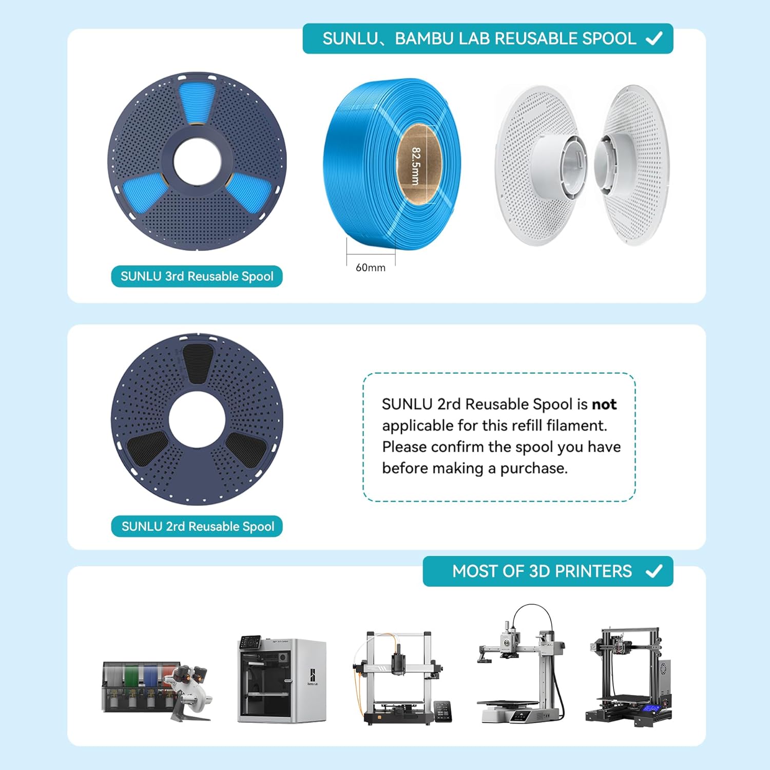 SUNLU PLA Refill 3D Printer Filament 1.75mm 500g*4 Black and PLA Refill Filament 500g*4 White,Total 4KG