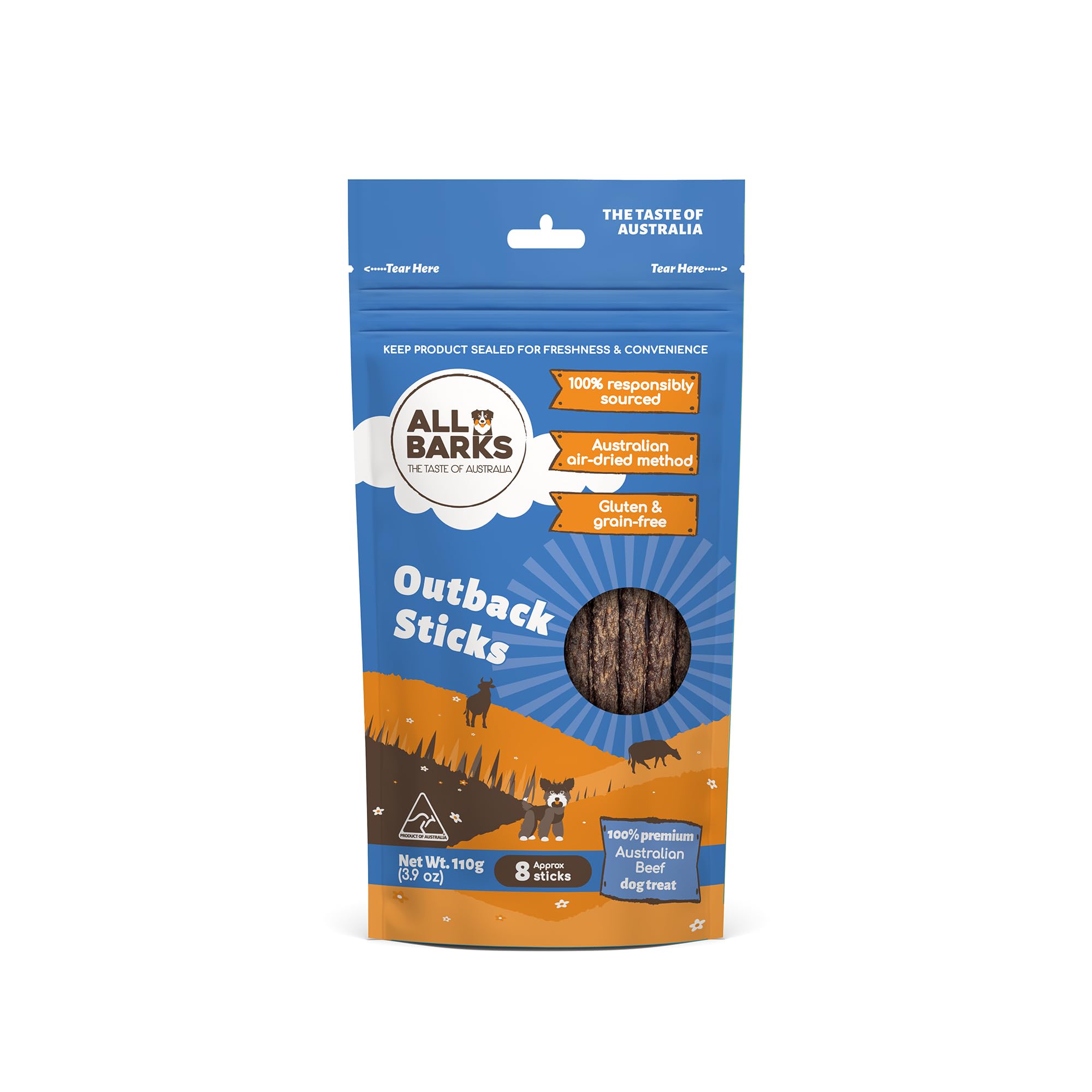 ALL BARKS Outback Sticks - 100% Real Aussie Beef - Natural, Grain-Free, Australian Dog Treats - Snacks, Treats & Rewards for Your Dog - 110g - Approx 8 Sticks per Bag