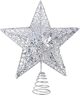 KEYIDO Silver Tree Star Christmas Tree Topper Metal Christmas Tree Star Topper for Xmas Tree Topper Ornaments Christmas Home Decoration H 20cm/8Inch W 25cm/10Inch