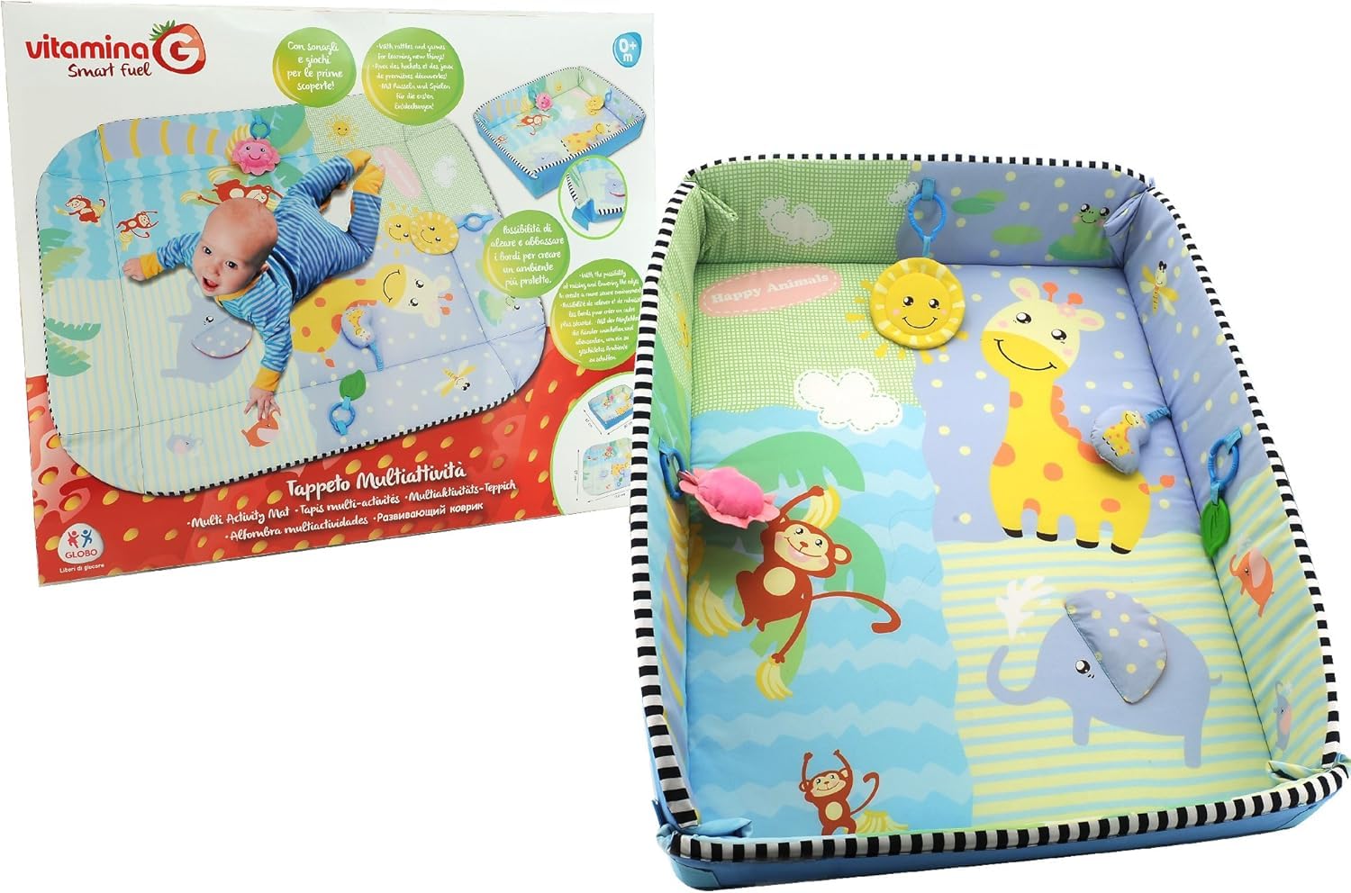 Tappetino Neonato Multiattività con Bordi Alti 80x65x16 cm – Tappeto Gioco Morbido con Sonagli e Giochi Sensoriali 0+ Mesi