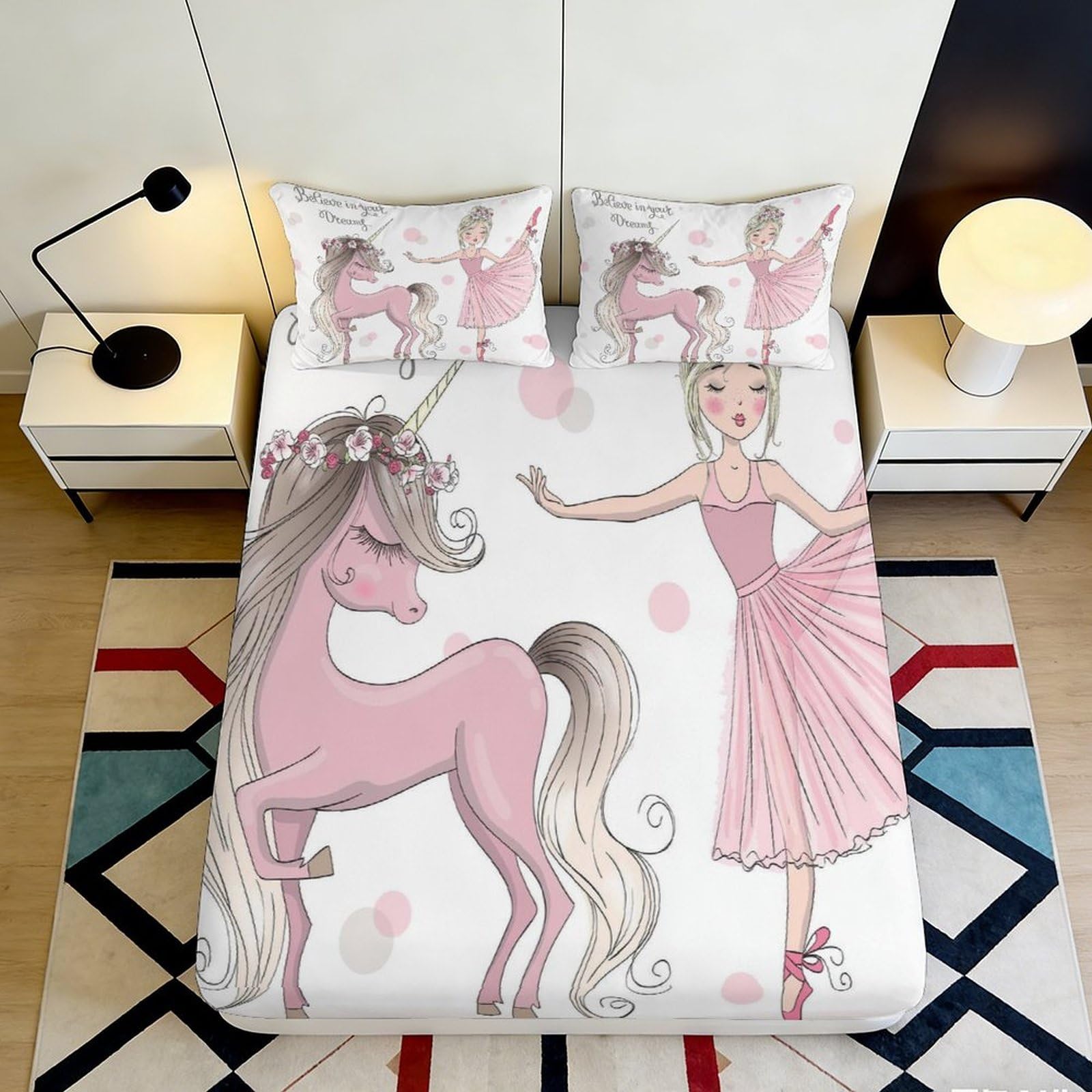 3D Printed Unicorn Ballerina Fitted Sheet Microfiber Deep Pocket Non-Slip Bedroom Bedding Unicorn Mattress Fitted Cover Washable 200x200x25cm 90x200x25cm