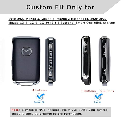 Miniatura 3 de QBUC Funda para llavero Mazda con llavero de cuero para Mazda 3 2019-2023, Mazda 6, Mazda 3 Hatchback, Mazda CX-5, CX-9, CX-30 (234 botones) (negro)