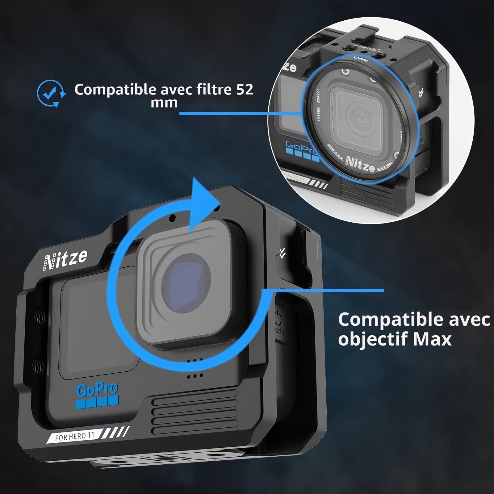 Nitze Camera Cage en Alliage d'Aluminium pour GoPro Hero 13/12/11/10/9 avec 2 Cold Shoe, Plusieurs Trous Filetés pour Lumière LED - T-GP01A