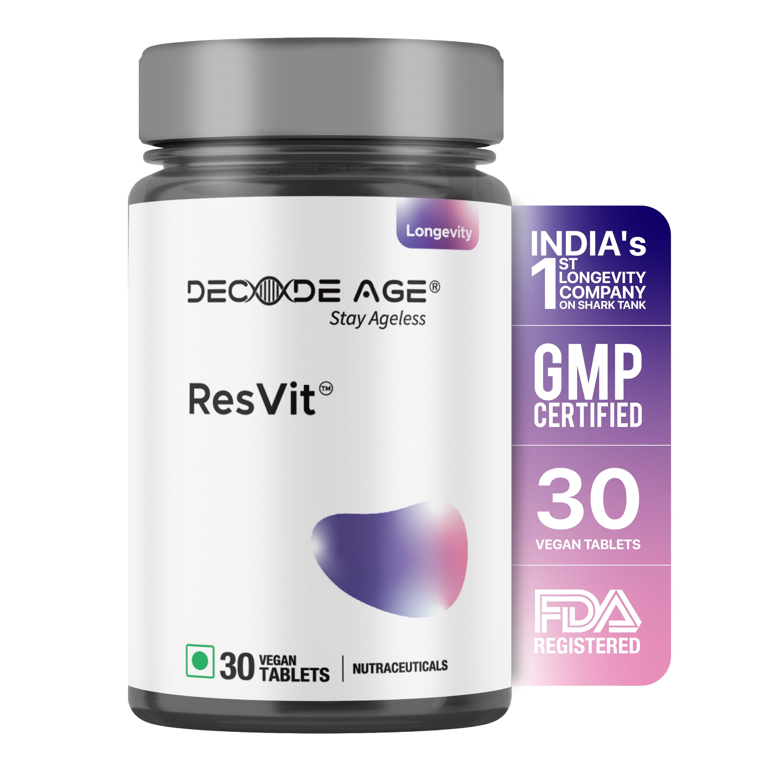 Decode Age ResVit Blend of Trans Resveratrol | Reduces Obesity, Blood Pressure, Heart Rate & Ageing | Improve Breathing flow & Memory (30 Veg Tablets) (B0BR1453VN) Amazon Price History, Amazon Price Tracker