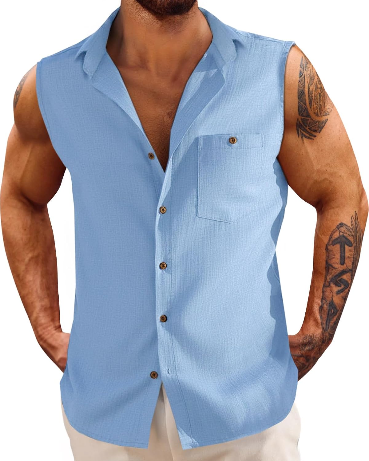 Fommykin Men's Linen Sleeveless Shirts Button Down Beach Tank Top Basic Solid Shirt Vest with Pocket