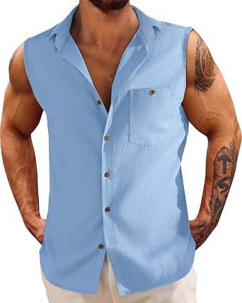 Fommykin Mens Linen Sleeveless Shirts Button Down Beach Cotton Tank Tops