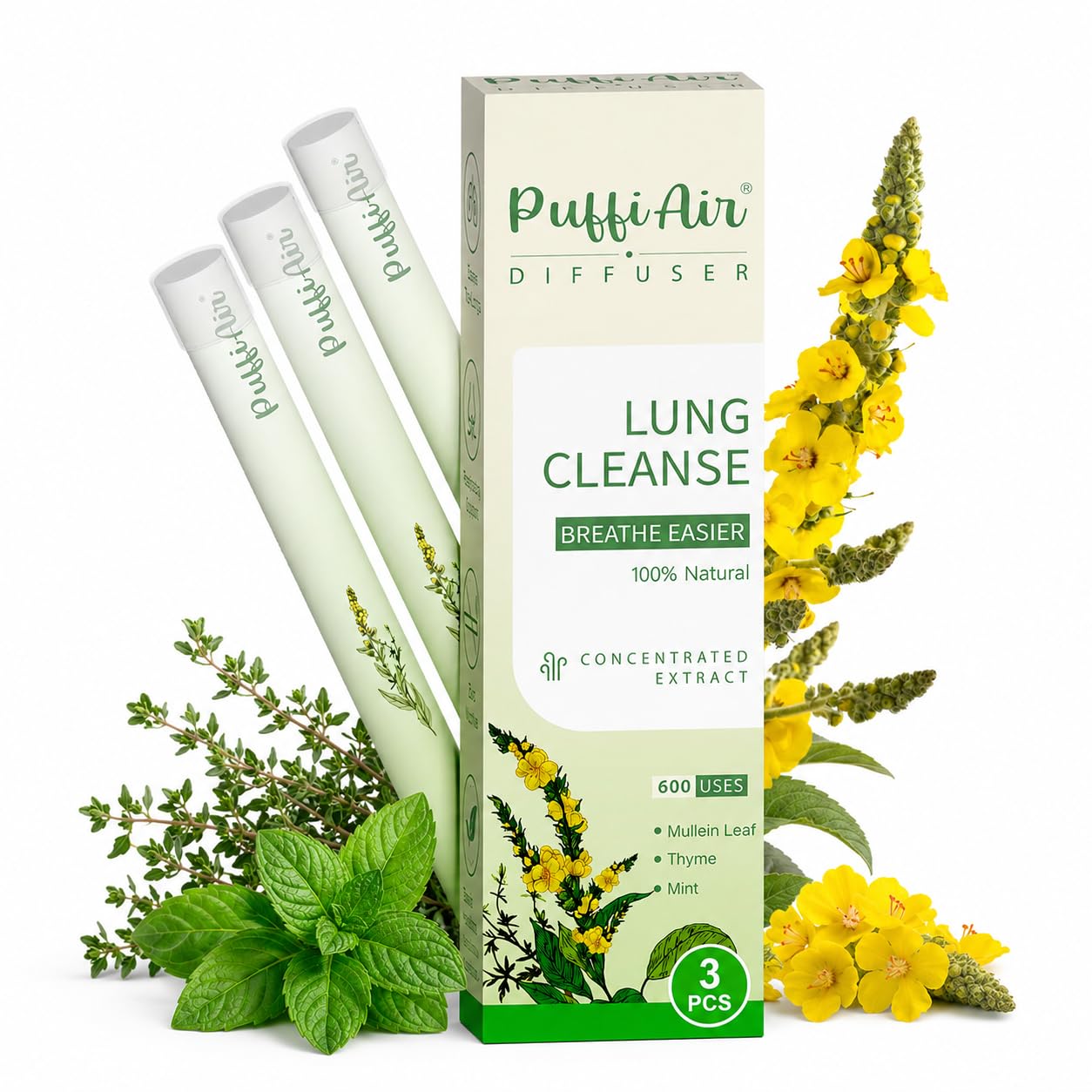 Puffiair Green 3Pc Herbal Diffuser Pen, 12Cm Lung Cleanse Diffuser, Mullein Flavoured Air Inhaler, No Nicotine Inhaler With Mullein, Thyme & Mint Extracts, 1800 Uses