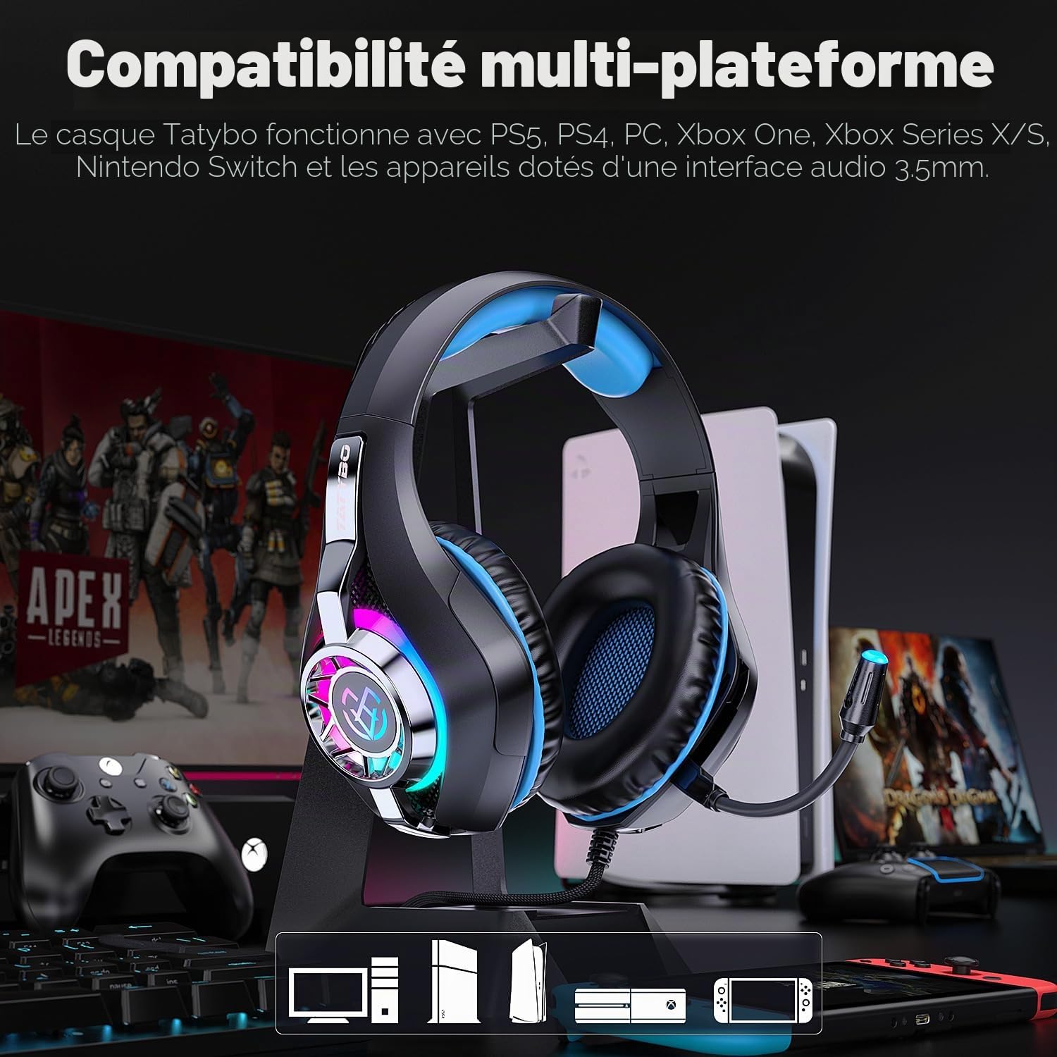 Casque de jeu pour PS4 PS5 PC Xbox Series, 3,5 mm, Deep Bass stéréo Surround Sound, avec microphone antibruit, pour ordinateurs portables, tablettes, Mac