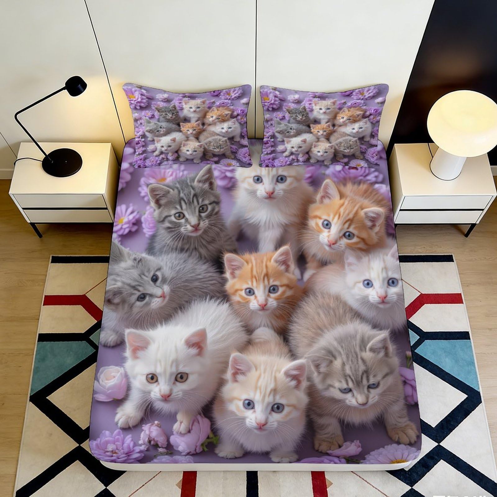 3D Printed Cute Kitten Fitted Sheet Microfiber Soft Breathable Floral Cat Mattress Cover for Bedroom Dorm Decor 160x200x25cm