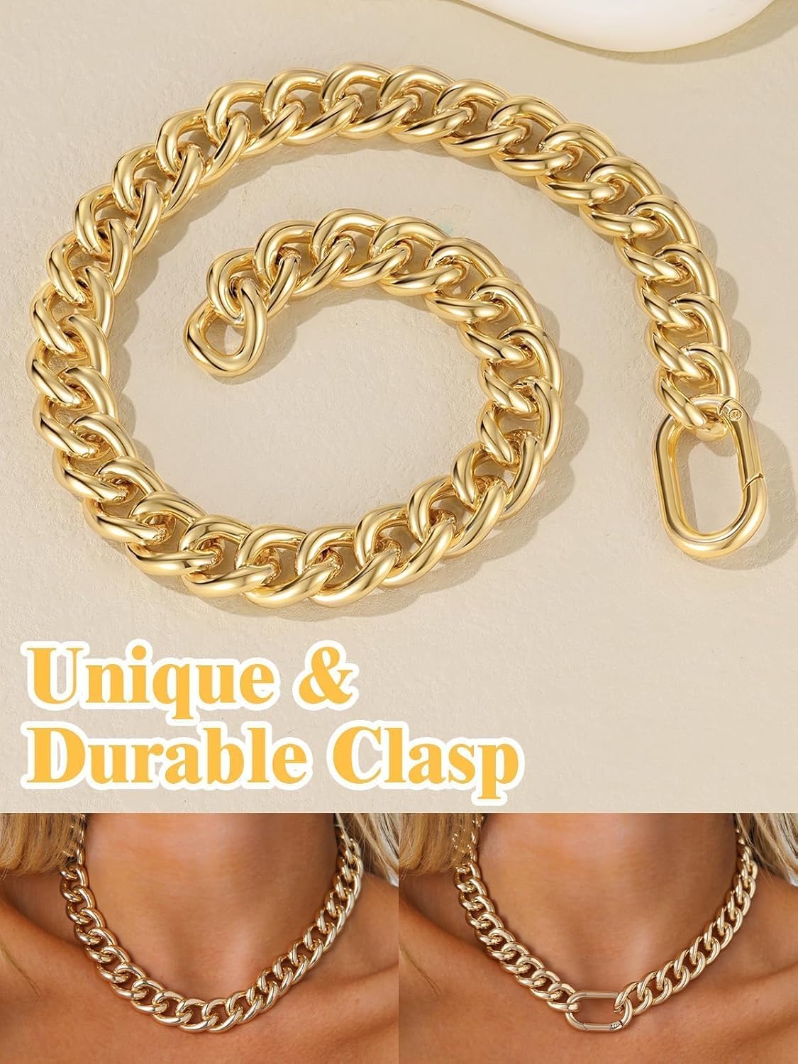 U7 Lightweight Chunky Gold Necklace, Thick Aluminum Cuban Link Chain for Women Trendy, Chic Punk Hip Hop Chunky Gold Jewelry Statement Necklace for Christmas Gifts, 14K Gold Plated, 13mm/16mm/23mm