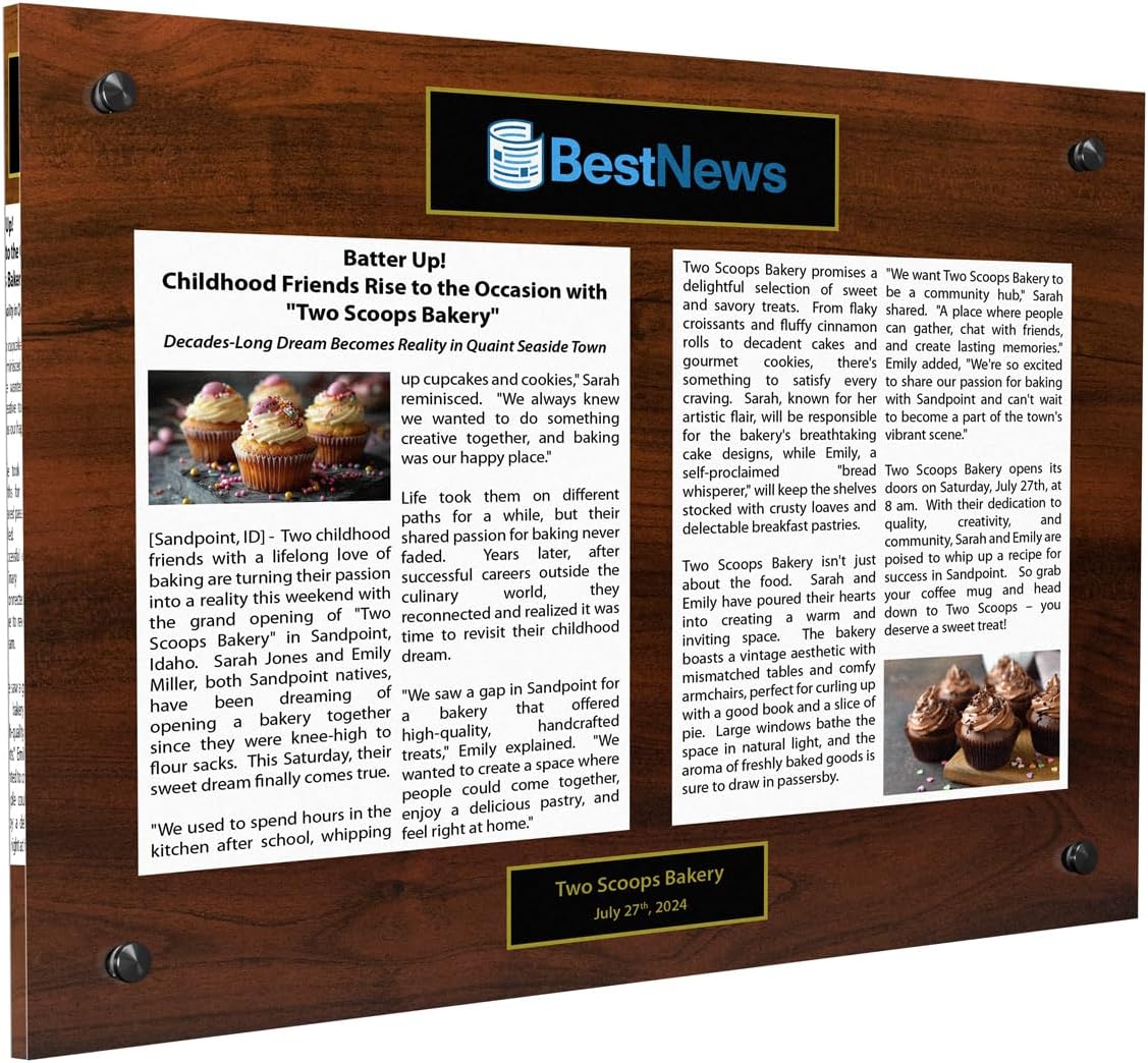 Acrylic Newspaper or Magazine Display Wall Mounted with Standoffs - Includes a Reproduction of Your Article, A Personal Message or Company Logo - Offered in Multiple Sizes and Colors (Wood, 12 x 15")
