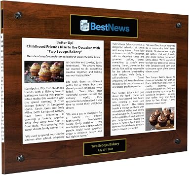 Acrylic Newspaper or Magazine Display Wall Mounted with Standoffs - Includes a Reproduction of Your Article, A Personal Message or Company Logo - Offered in Multiple Sizes and Colors Wood, 12 x 15"