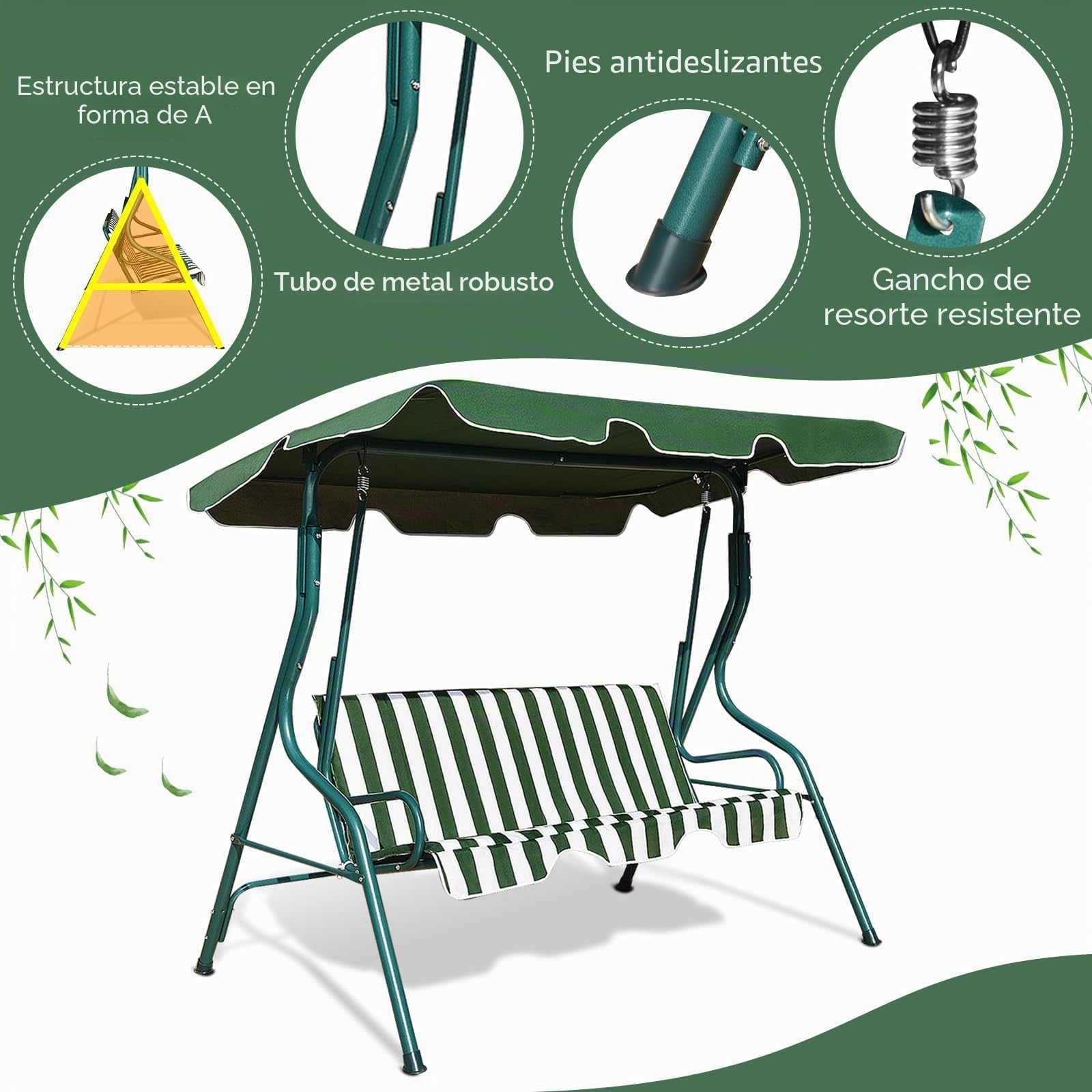 FANTASK Balancín con toldo Ajustable, Columpio de jardín de 3 plazas, para jardín, terraza y Patio Trasero, 172 x 110 x 154 cm, Color Verde y Blanco