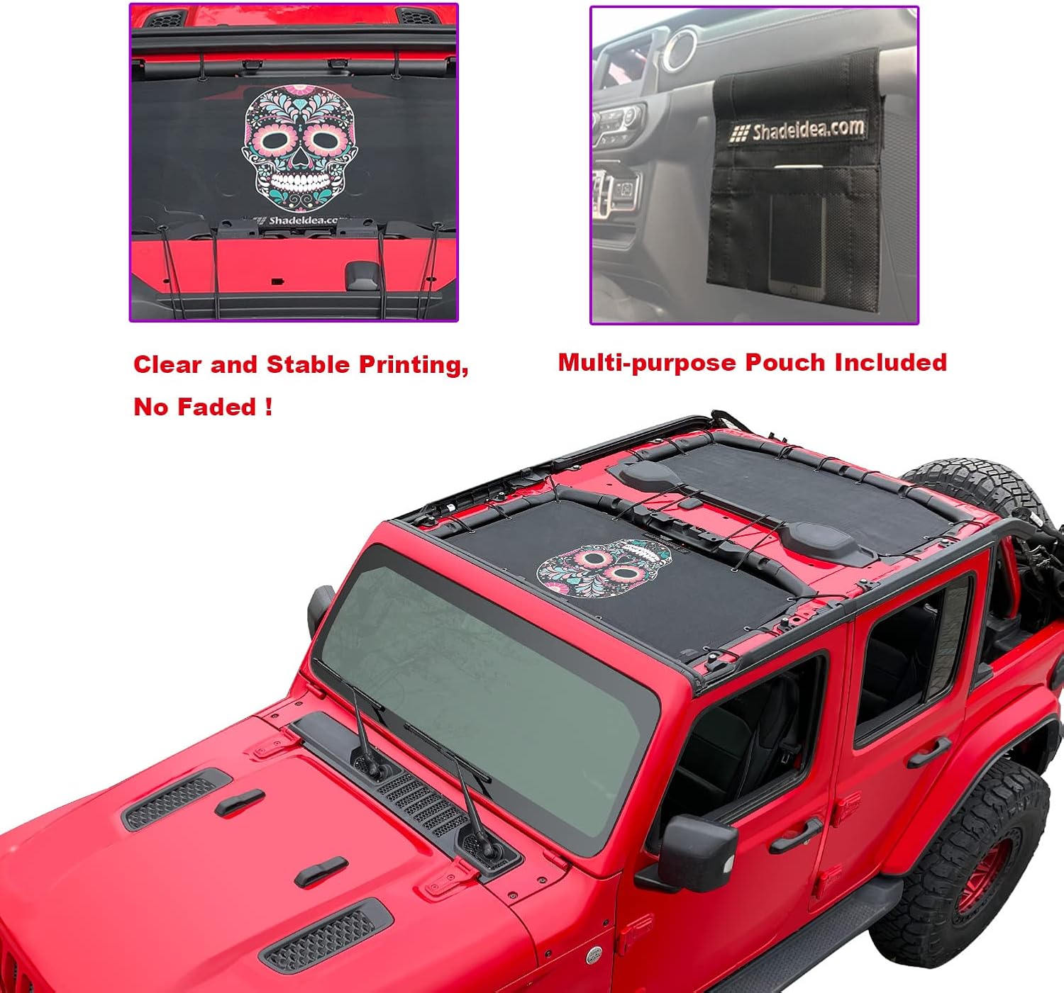 Photo 1 of  Shadeidea JL Top Sunshade Compatible with Jeep Wrangler JLU Sun Shade Top 4 Door Roof Mesh Screen Cover 2018-2023, Wind Noise UV Blocker -10 Year Warranty -Sugar Skull -Front+Rear (2 pcs) 