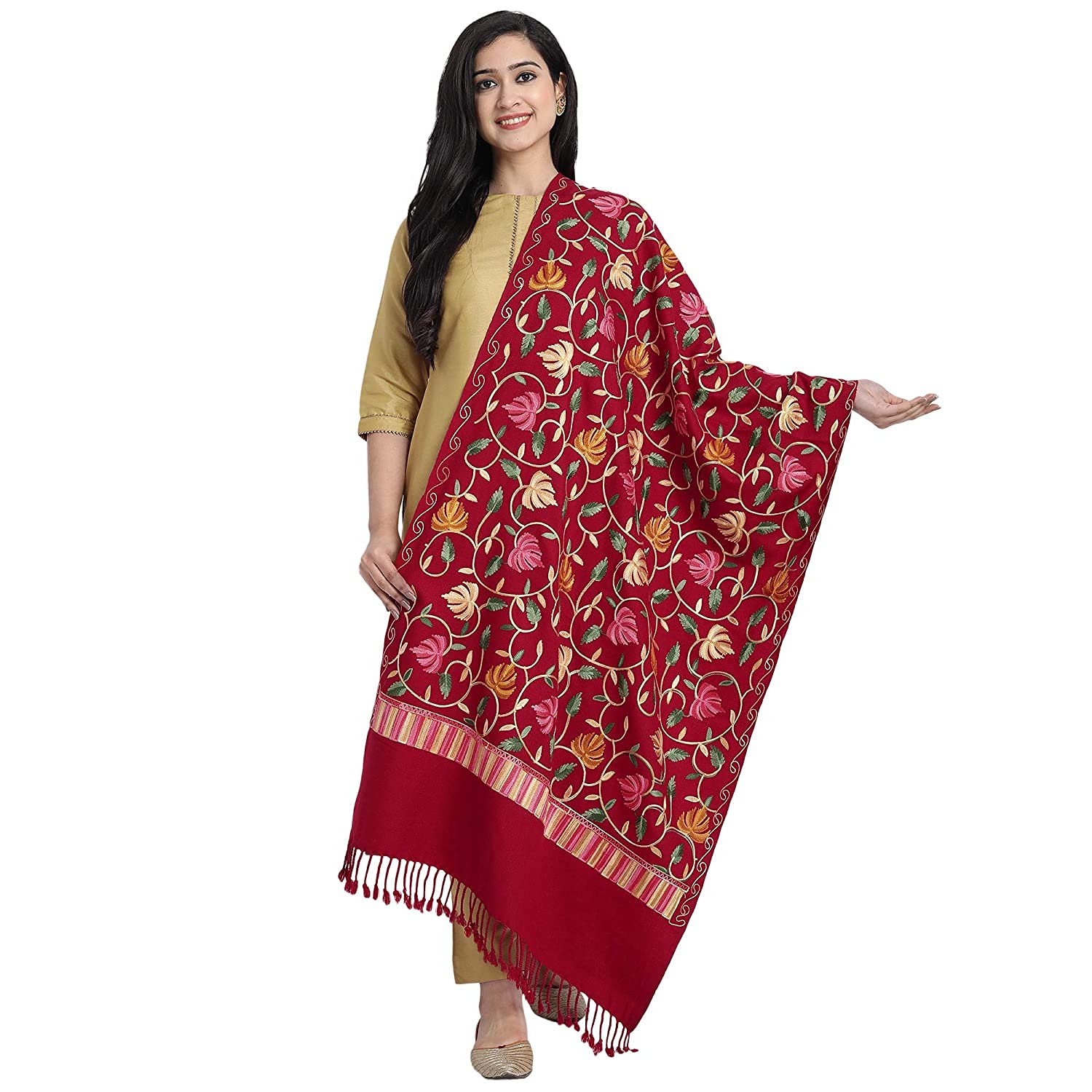 Kashmiri Floral Embroidery Maroon Shawl Stole Wrap-image-21
