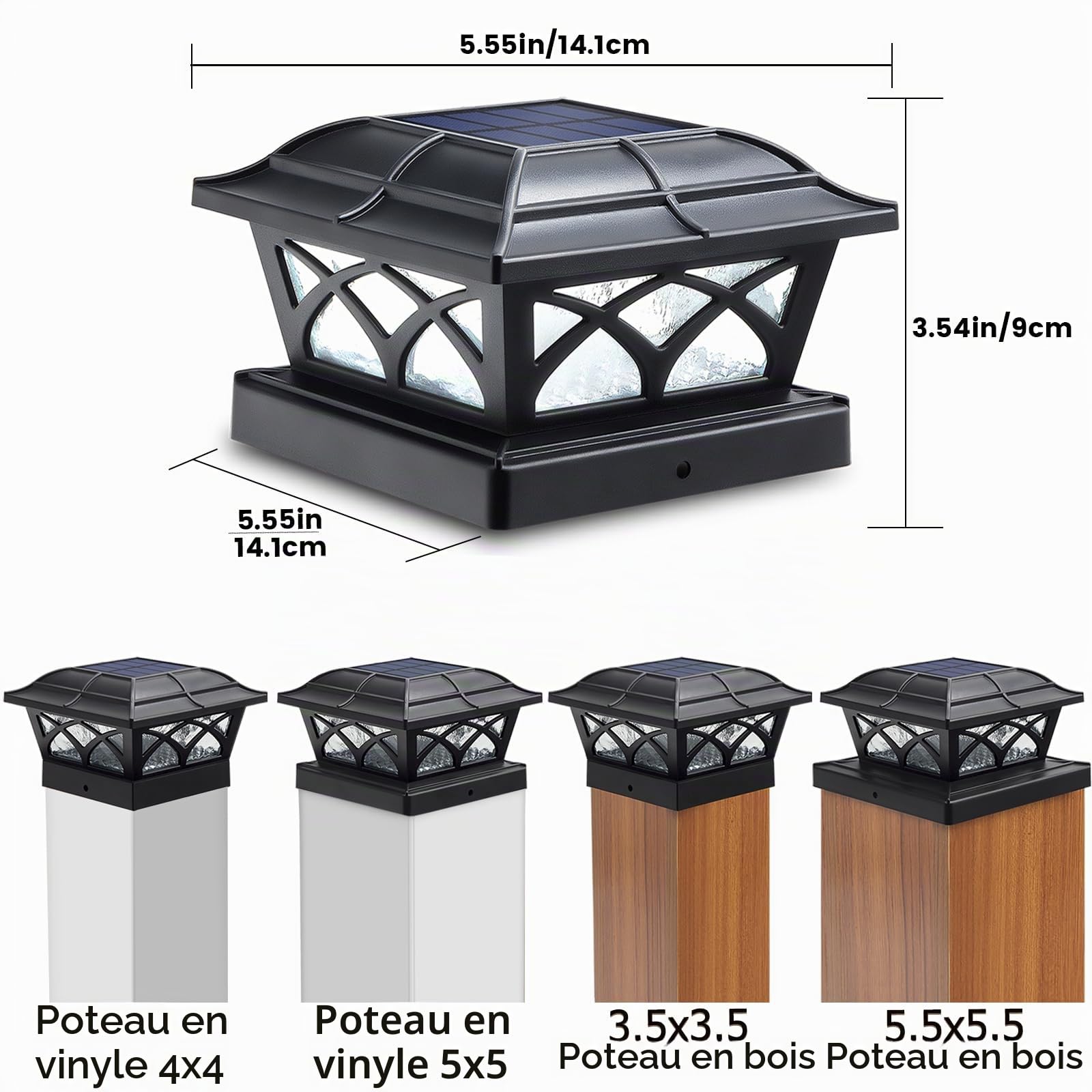 Siedinlar Lot de 4 lampes solaires pour poteau de clôture en verre extérieur avec 2 modes de couleur 8 LED pour poteaux 4x4 5x5 6x6 pour terrasse, clôture, patio, décoration, éclairage blanc chaud et