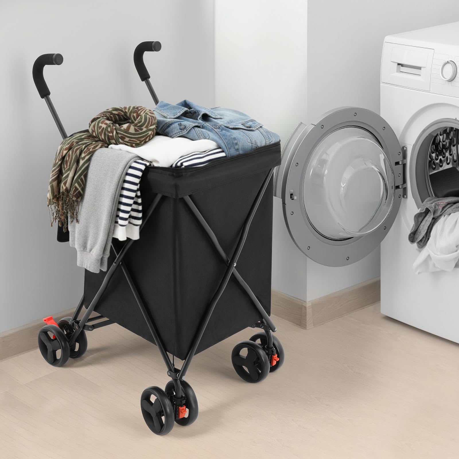 Einkaufstrolley Einkaufswagen Klappbar 70kg Kapazität, Faltbarer Einkaufsroller Handwagen Multifunktional Shoppingtrolley für Wäsche Einkaufen Camping Lebensmittel (Schwarz)