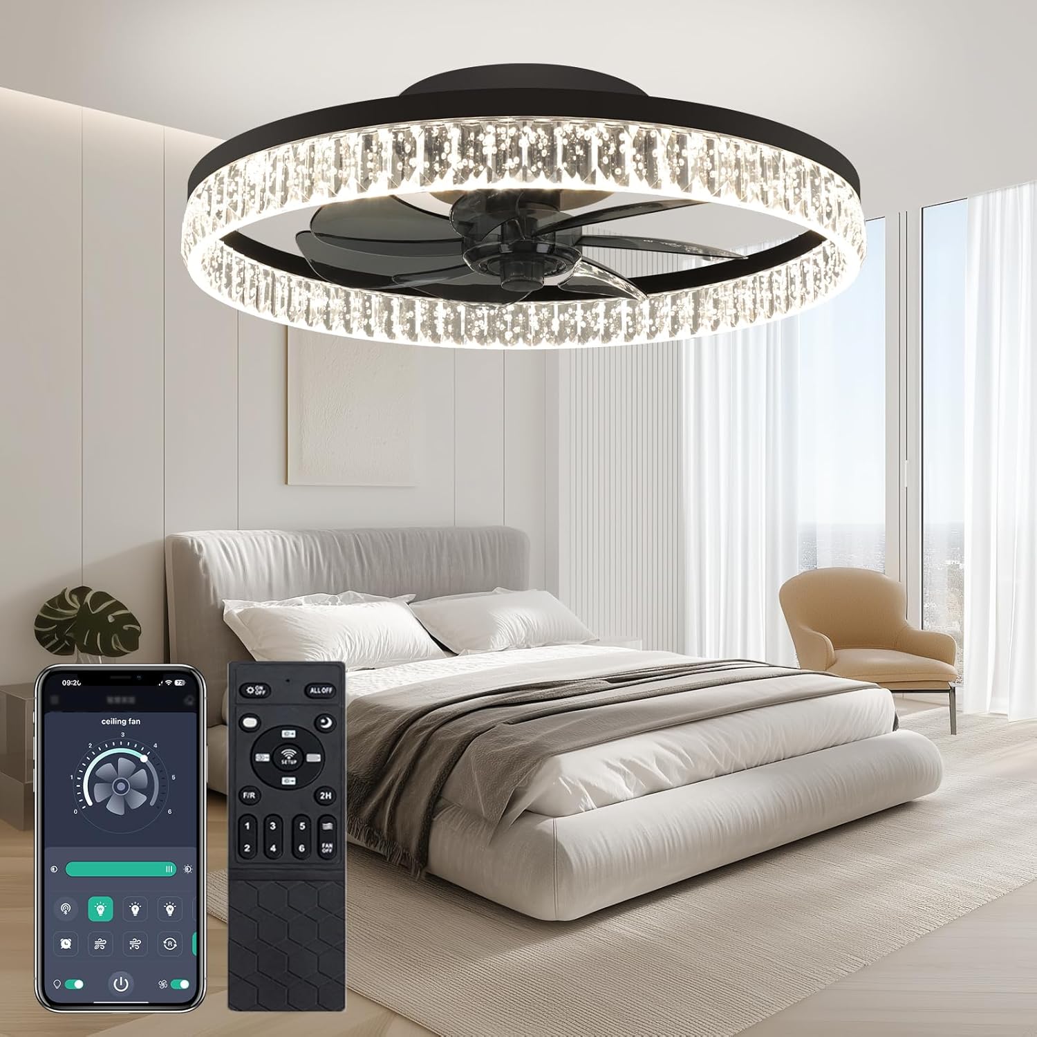 Ceiling Fans with Lights, 20'' Ceiling Fans with Lights and Remote, Low Profile Ceiling Fan with Light, 3 CCT & Dimmable, 6 Fan Speed, Remote&App Control Ceiling Fan for Bedroom, Living Room, Kitchen