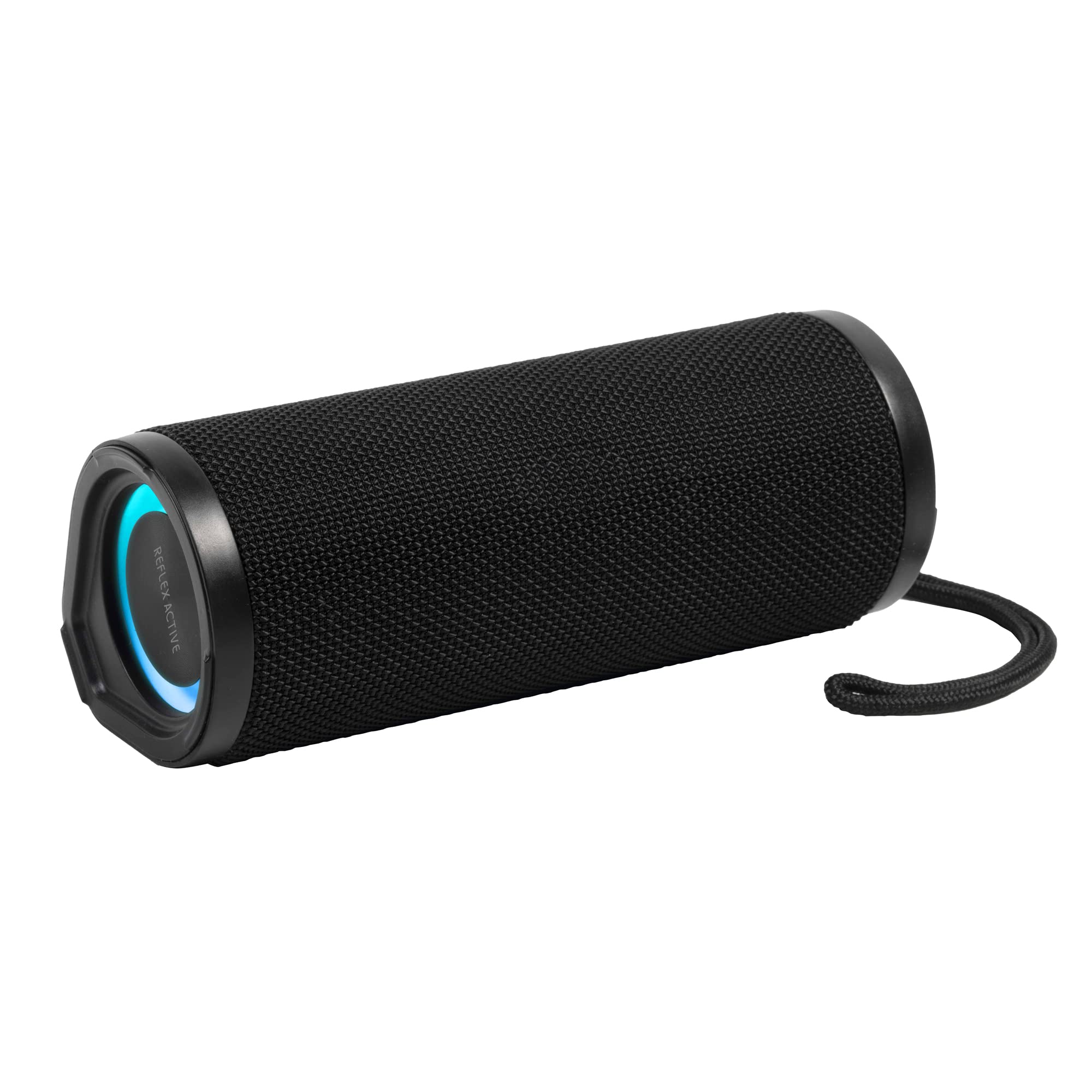 Reflex Active Głośnik stereo BT z pasywnym basem. Zewnętrzny odporny na wstrząsy i wodoodporny głośnik. Moc wyjściowa 2 x 2,5 W. Czarne gumowe wykończenie lakieru z logo paska