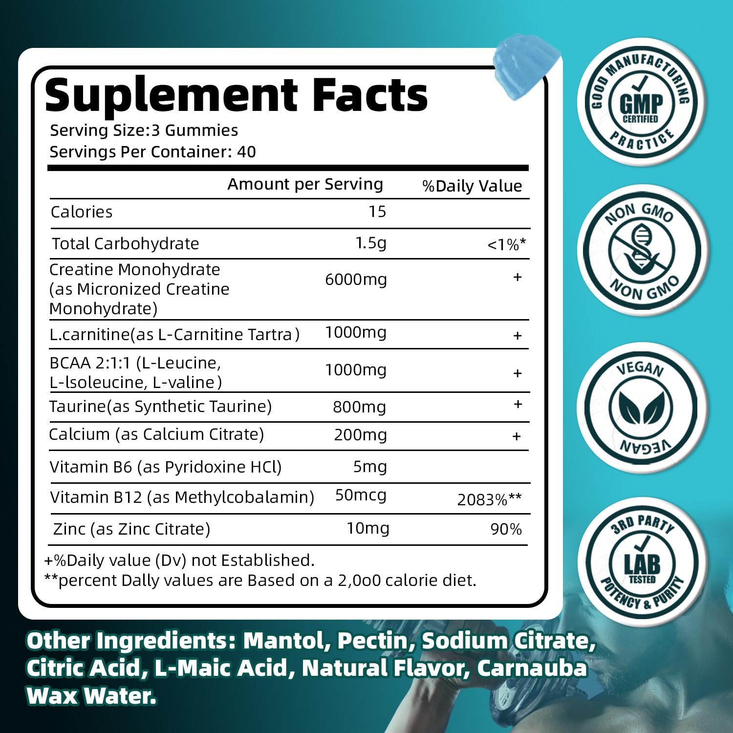 Creatine Monohydrate Gummies 9000mg for Men & Women, Potent Creatine Supplement 5g Chewables Creatine Per Serving, Pre-Workout Gummies for Enhanced Strength, Energy & Muscle Growth - 120 Count — Amazon image 7