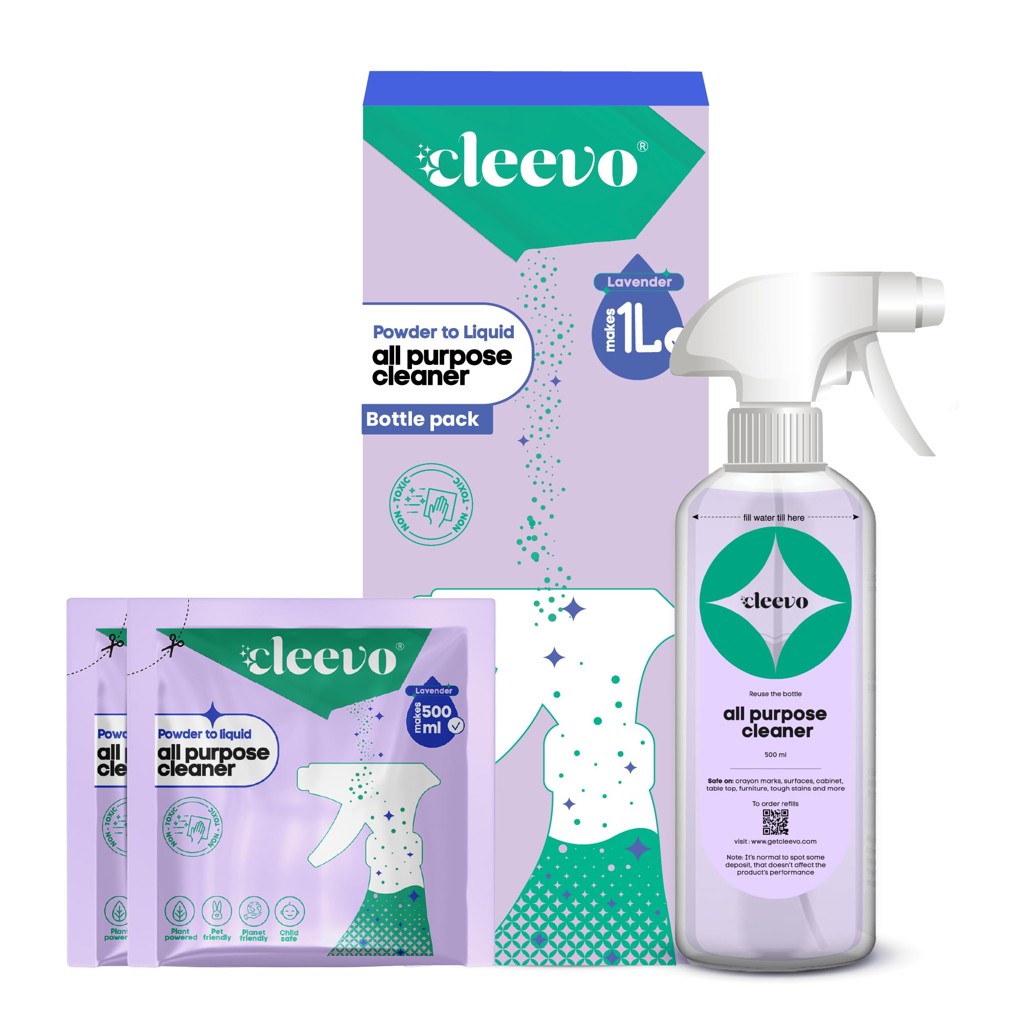 Cleevo All- Surface Cleaner- 1 Litre Bottle Pack | Plant-based Powerful Surface Cleaning Liquid for Tough Stains | Non-toxic Stain Remover for Home Surfaces Cleaning | Multi Surface Cleaner (Lavender)-image-0