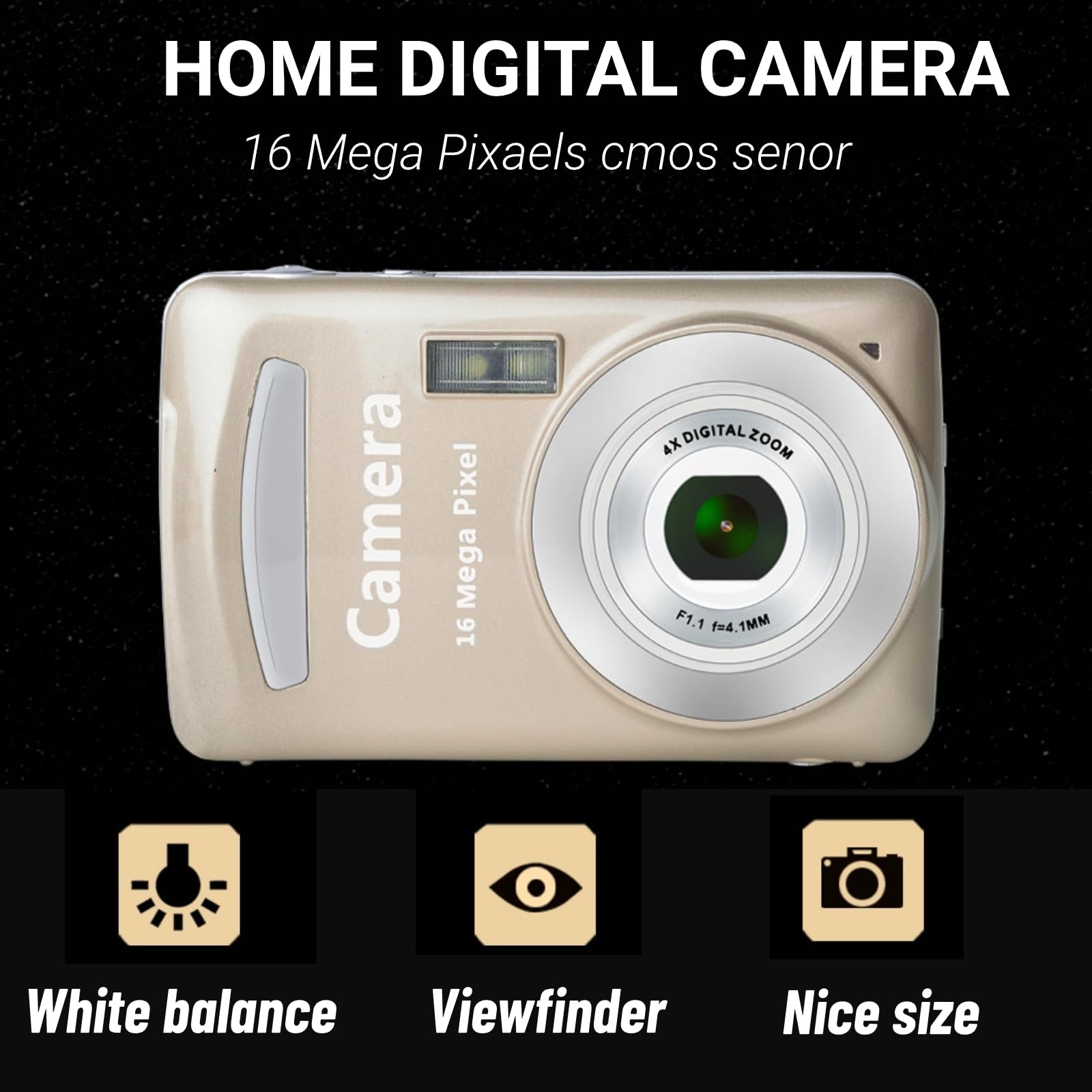 Mini Digital Camera, 720P HD Compact Portable Camcorder with 2.4 inches LCD Screen 16MP 30FPS Support 32GB Memory Card for Children, Teenagers and Beginners (Gold)