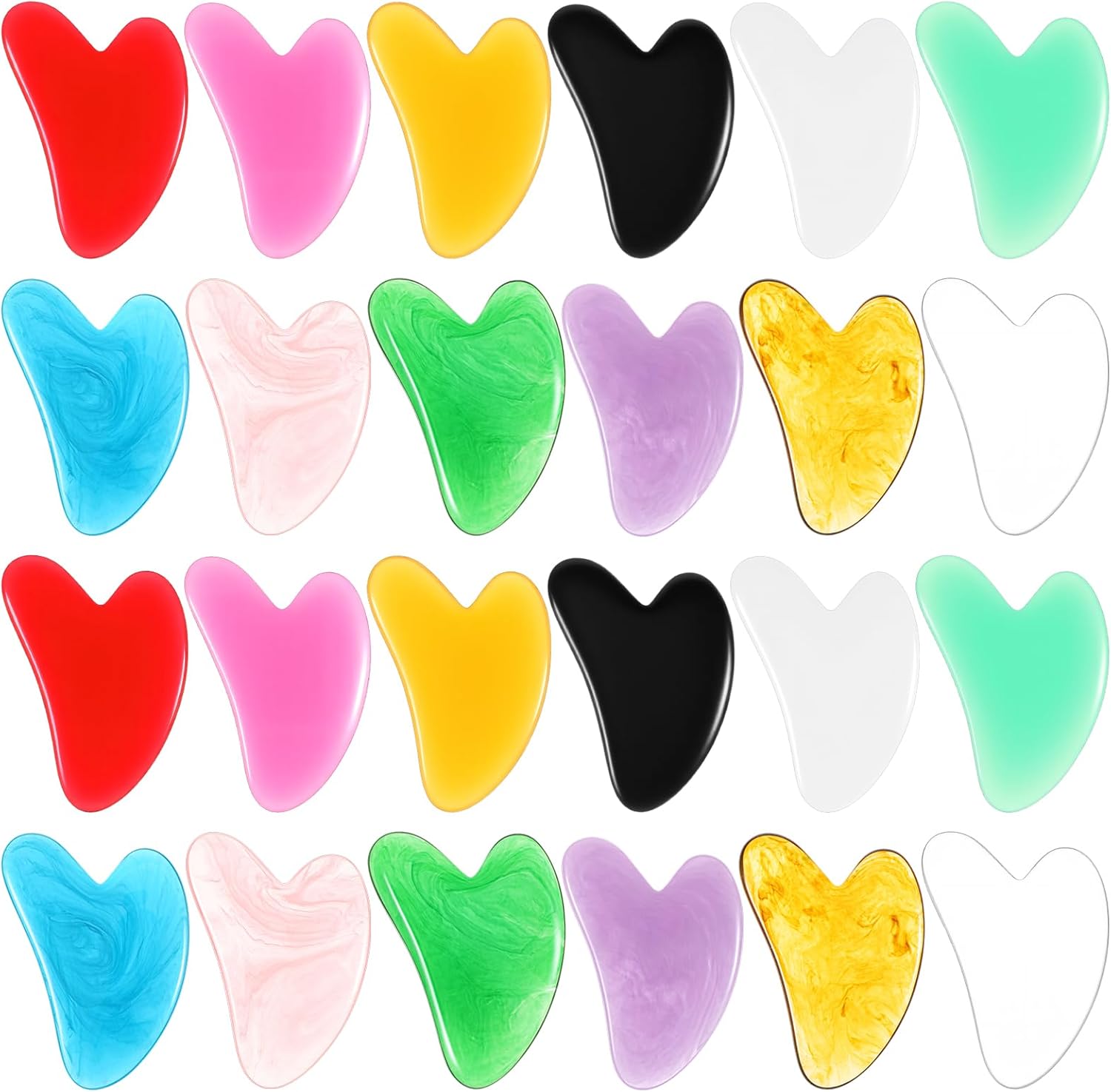 JOUTYFOR 24 Pcs Gua Sha Facial Tool Resin Facial Massage Tools Heart Shaped Gua Sha Stone Guasha Board for Face Body Skin Massage Spa Acupuncture Prevent Wrinkles (12 Colors)