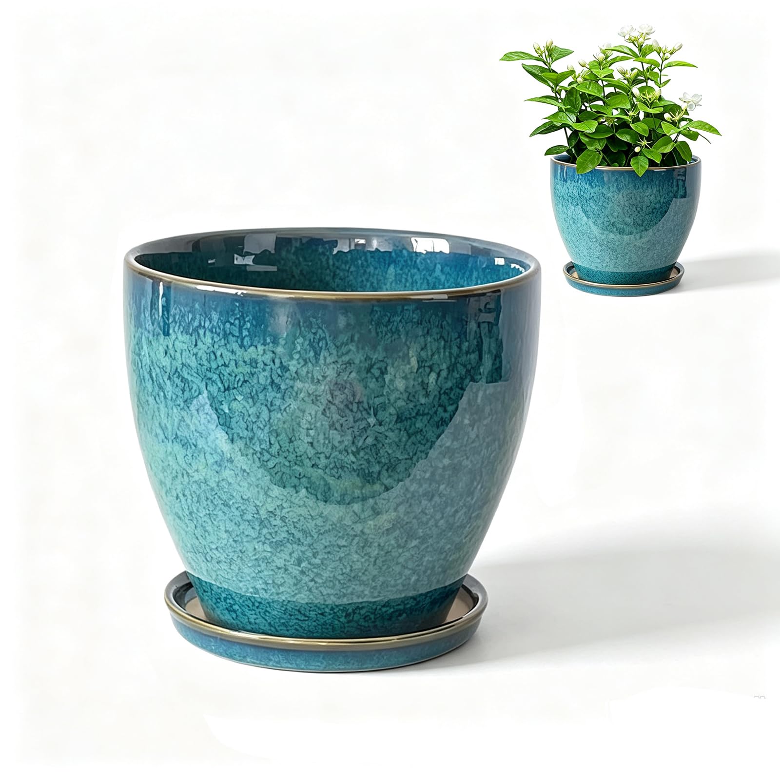 Pot de Fleurs en céramique Turquoise avec Trou de Drainage et Soucoupe, Pot en grès émaillé pour Plantes dintérieur et dextérieur, succulentes et Cactus, 17 x 16,5 cm (24.5 * 22CM)