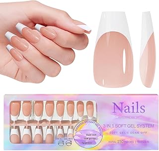 French Gel Nail Tips - 150pcs Medium Coffin Soft Gel Fake Nails, Pre-Primed with 3-in-1 X-coat, 15 Sizes for Effortless DIY Nail Extensions, No Need for Filing (YYNT-01)