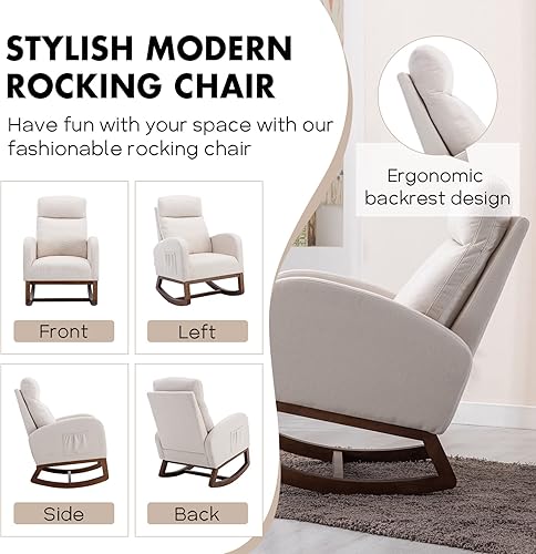 Miniatura 5 de NIOIIKIT Mecedora para guardería silla tapizada para guardería silla mecedora decorativa con respaldo alto y bolsillos laterales moderna silla de