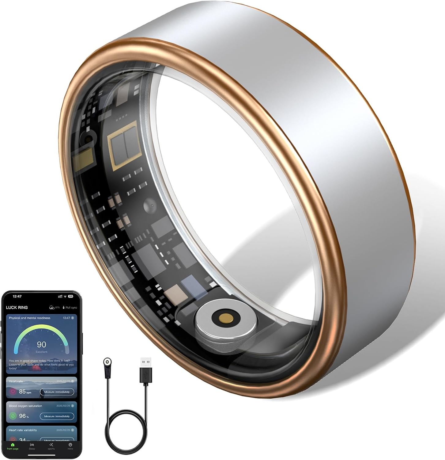 Smart Ring for Women & Men - IP68 Waterproof Fitness Tracker with Long Lasting Batteries, 28-Language App, Sleep/Step/Heart Rate Monitor, Compatible with iOS & Android (Silver, 6#)